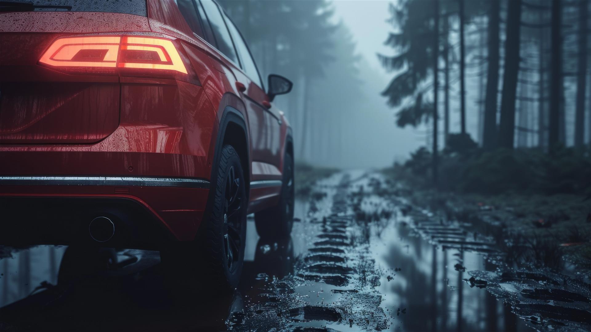 Gloomy Volkswagen Atlas in dim, foggy setting