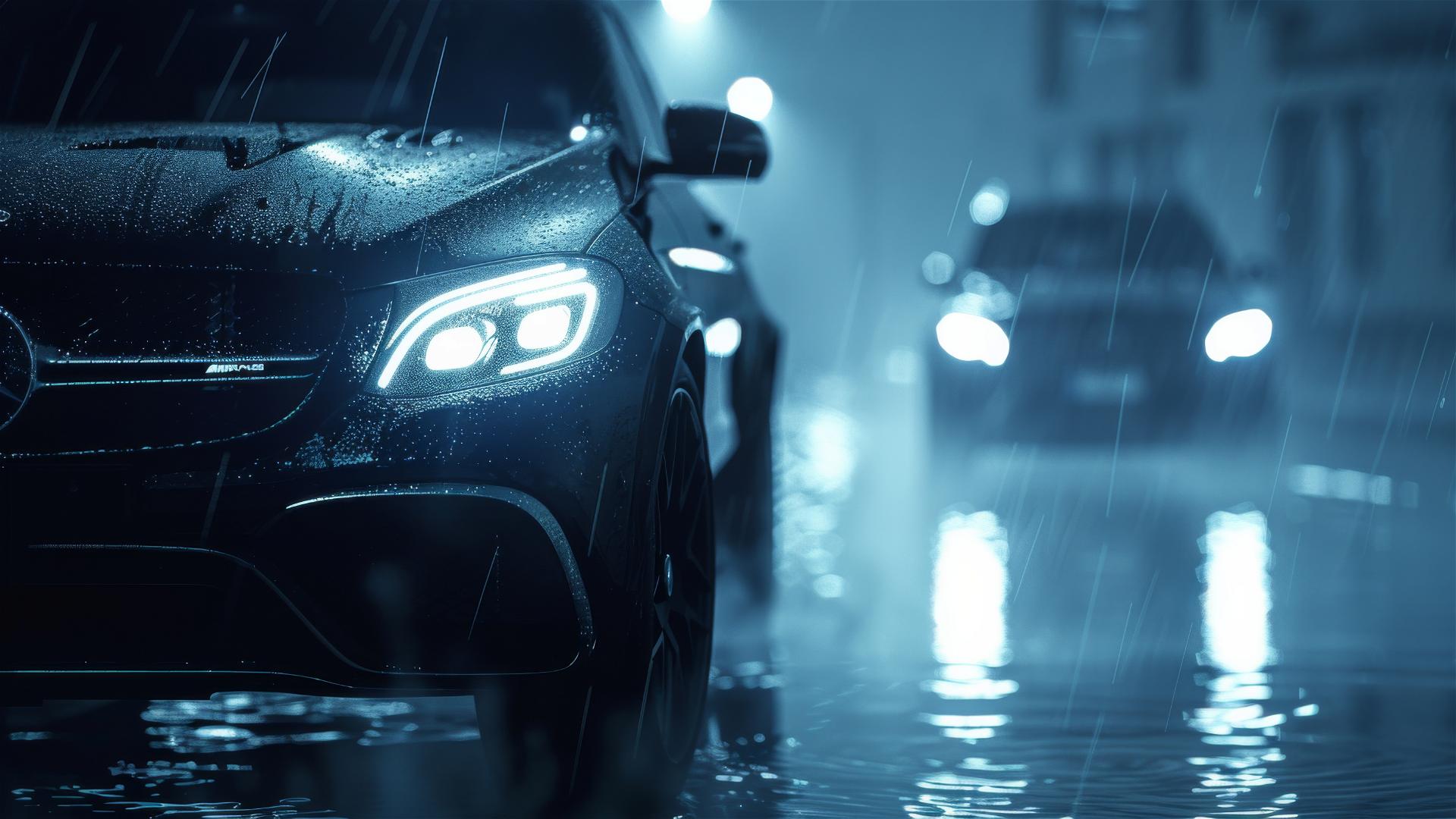 Closeup of a Mercedes-Benz GLE in dim, foggy, gothic setting