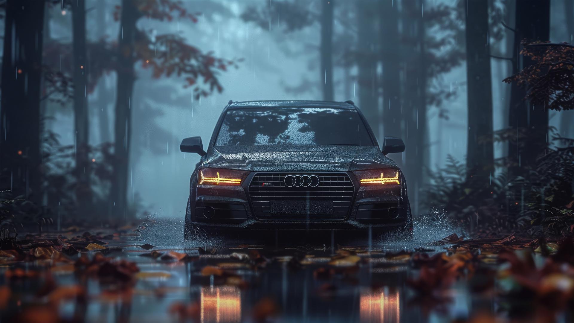 A closeup view of an Audi Q7 in dim, gothic gloomy lighting with a foggy, photorealistic quality in 8k resolution