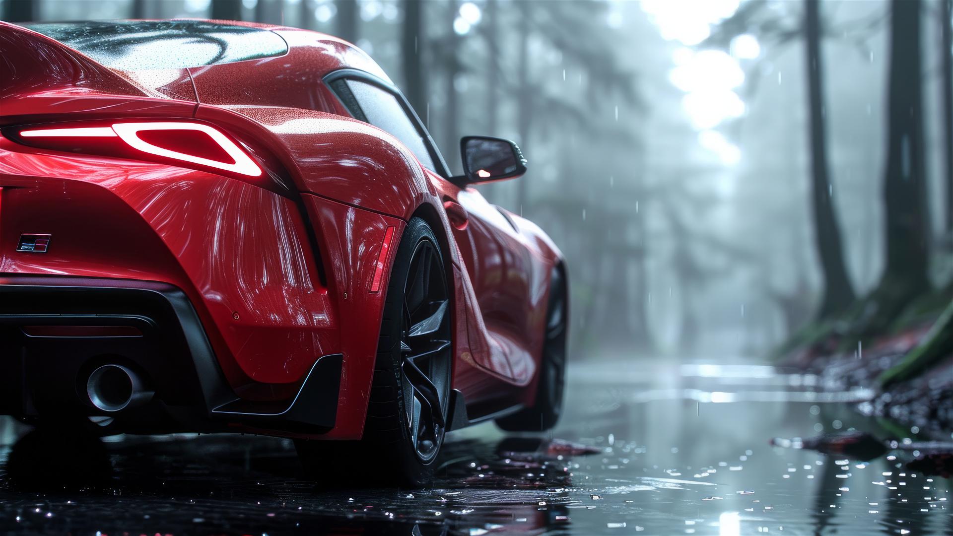 Toyota Supra in dim lighting with a Gothic gloomy atmosphere and foggy background, photorealistic closeup view.