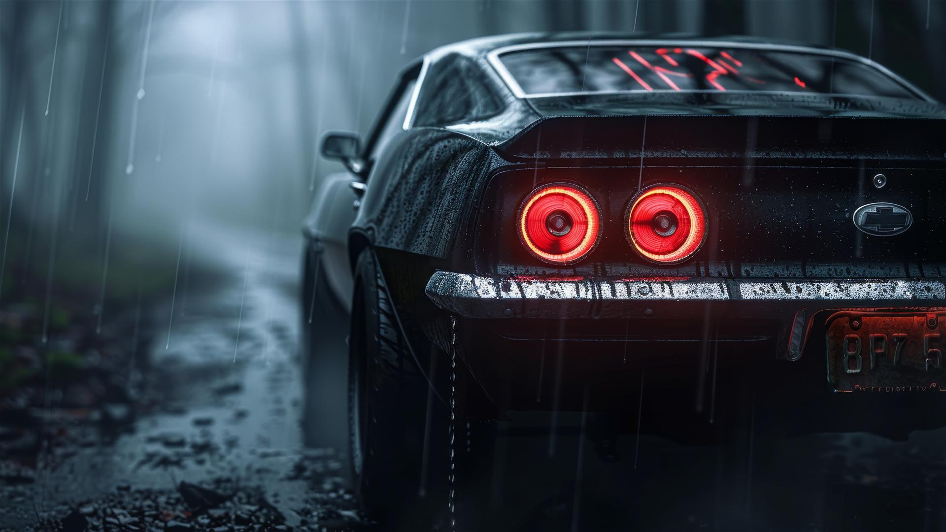 Chevrolet Camaro in dim, gothic lighting with fog