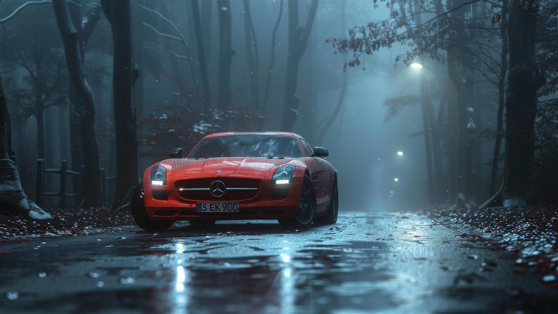 Mercedes-Benz SLS in dim lighting with a gothic gloomy ambiance, 8K close-up view amidst fog, portrayed in a photorealistic manner