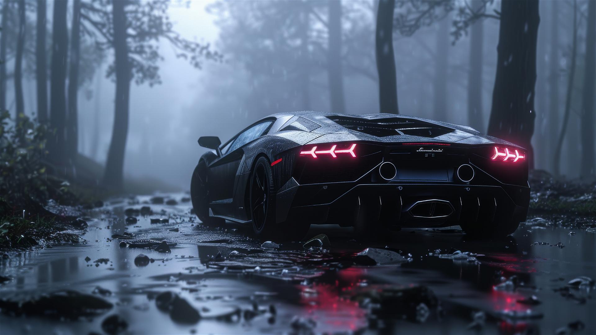 Photorealistic closeup of Lamborghini Aventador in dim, foggy gothic setting