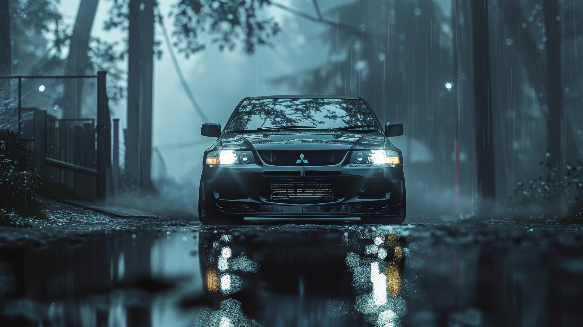 mitsubishi lancer evolution, Dim_Lighting, Gothic gloomy, 8k smooth closeup view, foggy, Photorealistic