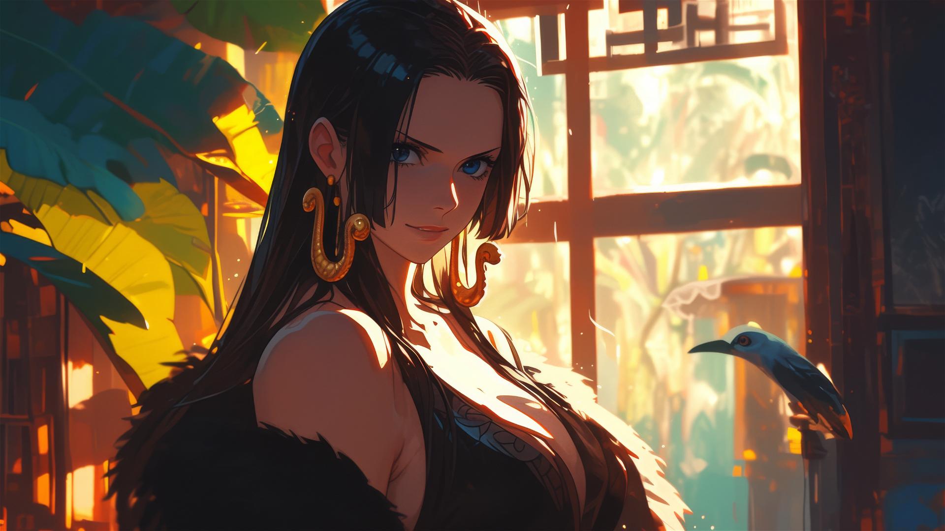 Boa Hancock from One Piece exploring art gallery, soft lighting on figure