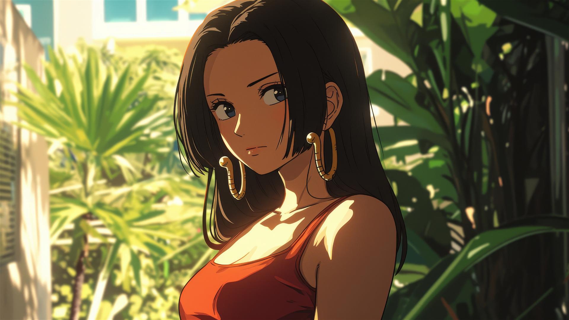 Boa Hancock from One Piece in art gallery with soft lighting