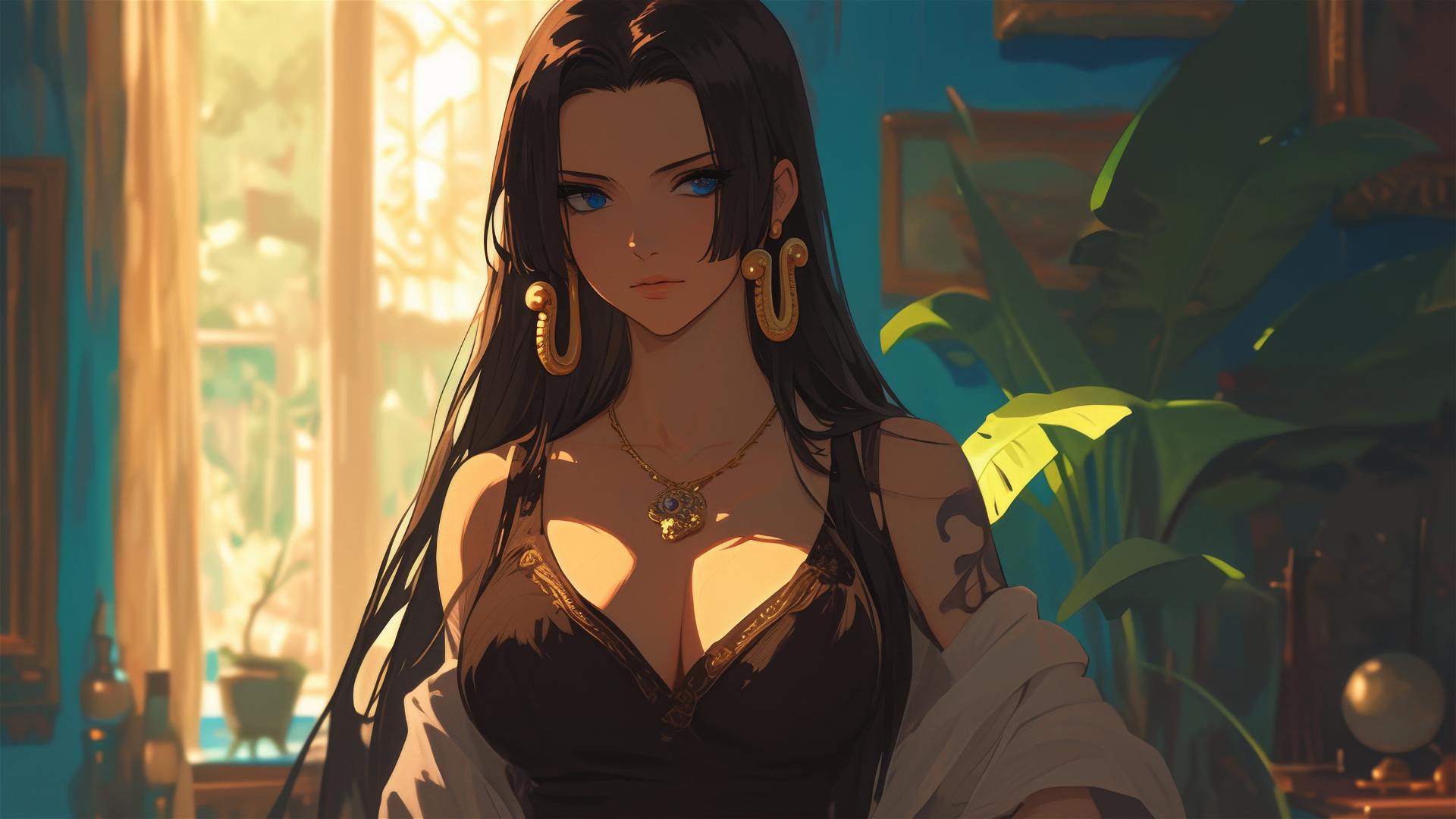 Boa Hancock from One Piece in art gallery with soft lighting