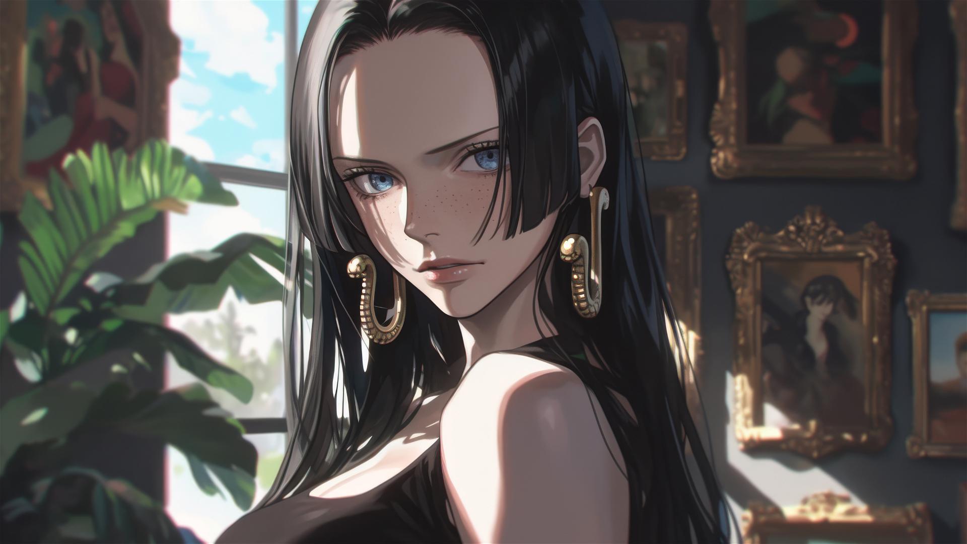 Boa Hancock from One Piece walking casually in an art gallery with warm lighting highlighting her figure