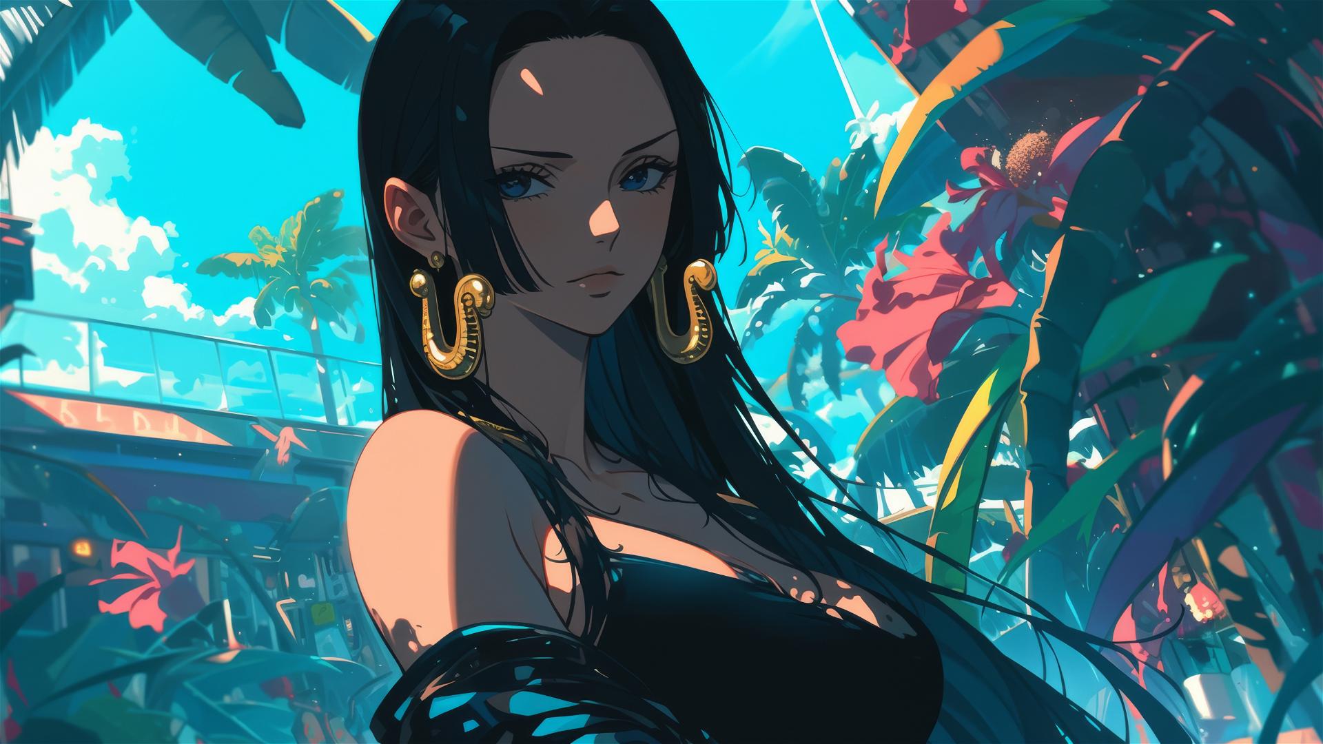 Boa Hancock from One Piece wandering in an art gallery under soft lights
