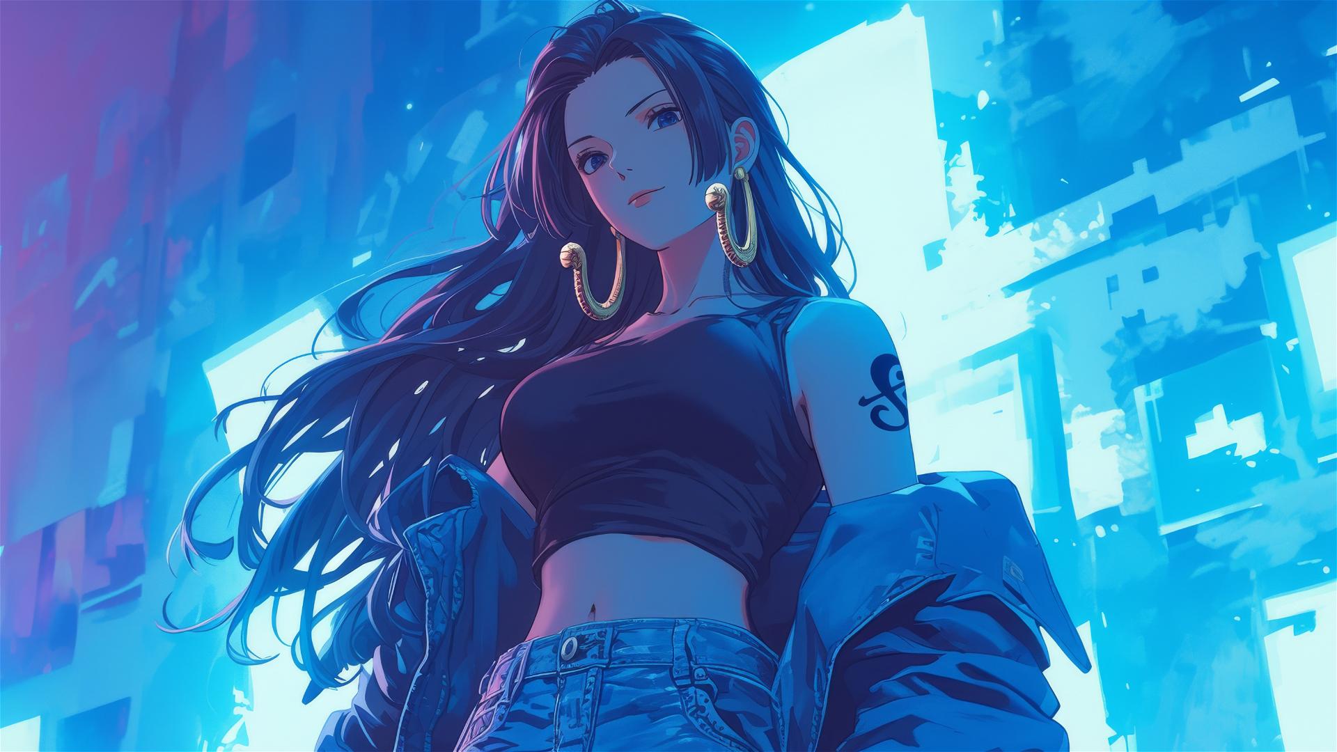 Boa Hancock from One Piece in an art gallery under soft lights