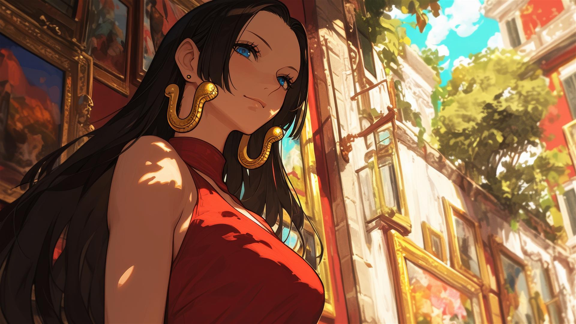 Boa Hancock from One Piece in an art gallery with soft lighting
