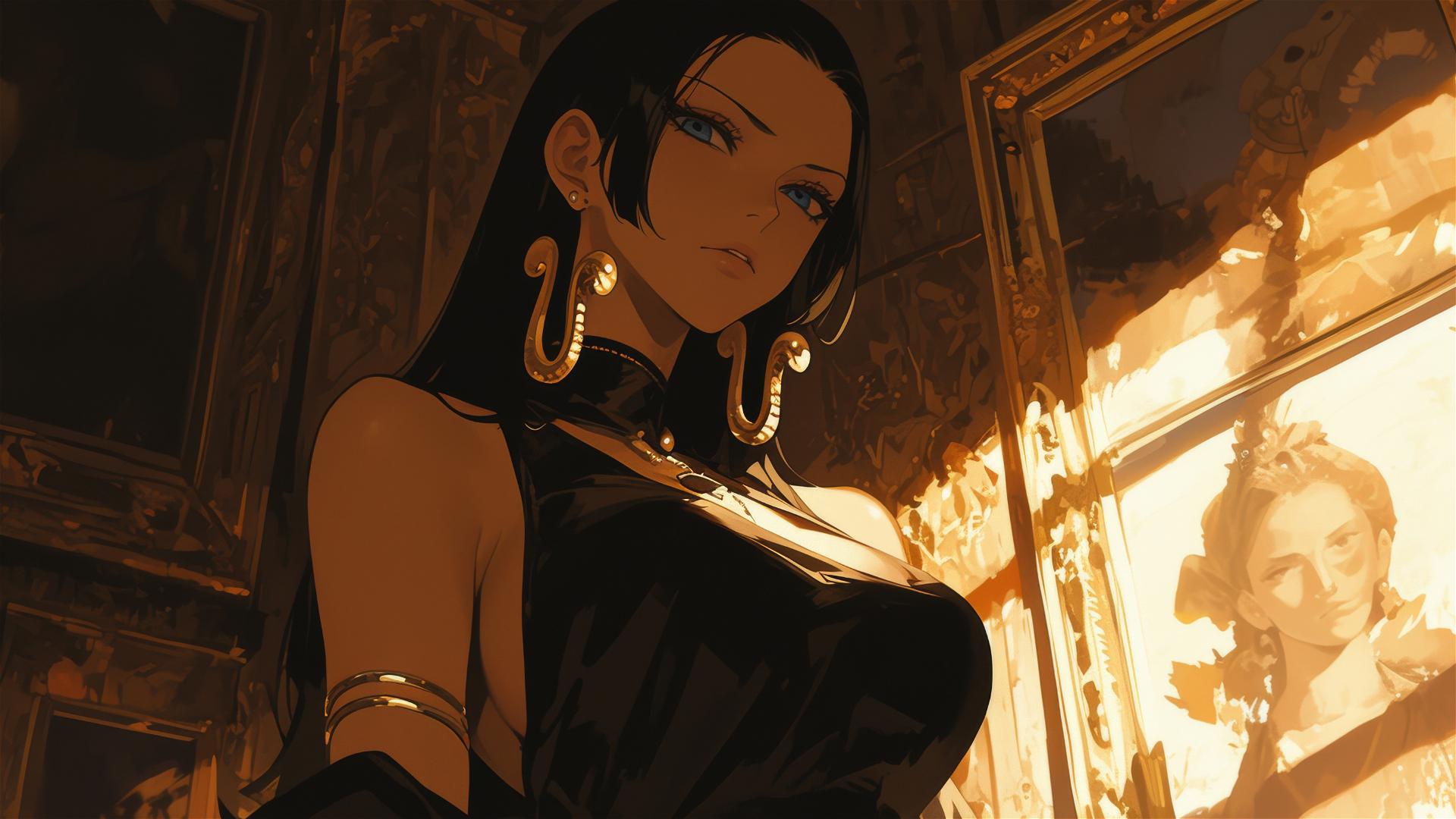 Boa Hancock from One Piece walking through an art gallery under soft lights