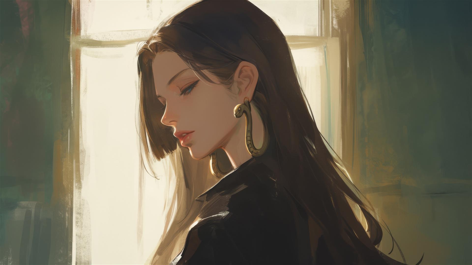 Boa Hancock, One Piece character, in an art gallery under soft lighting
