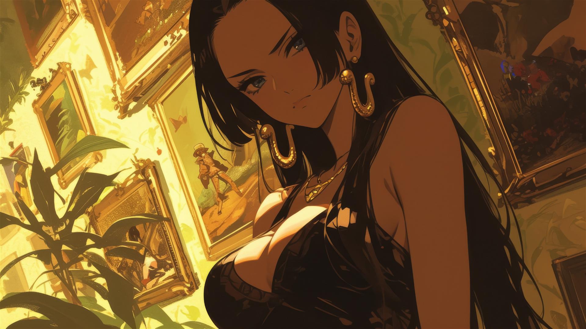 Boa Hancock from One Piece wandering through an art gallery