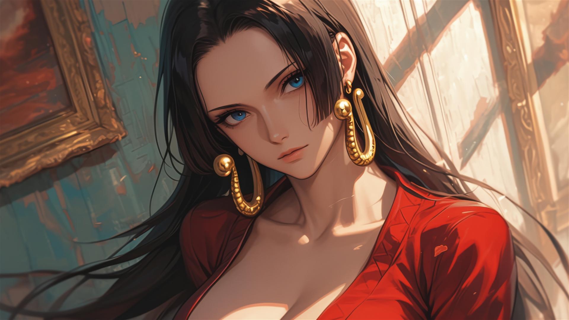 Boa Hancock wandering through an art gallery under soft glowing lights