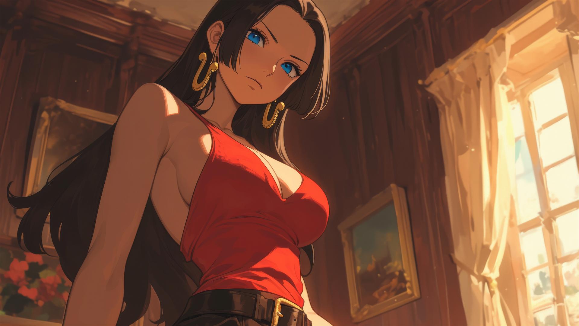 Boa Hancock from One Piece in an art gallery under soft lighting