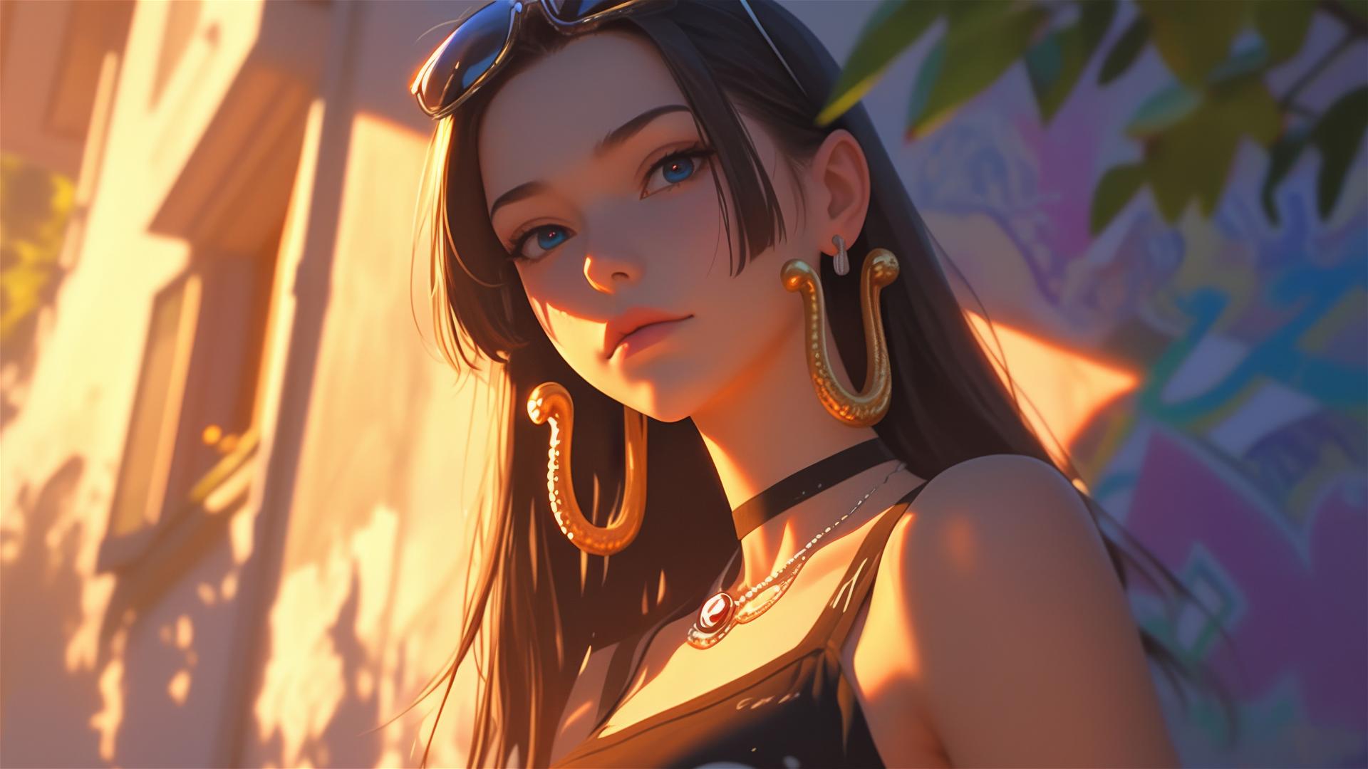 Boa Hancock from One Piece wandering through an art gallery under soft lights