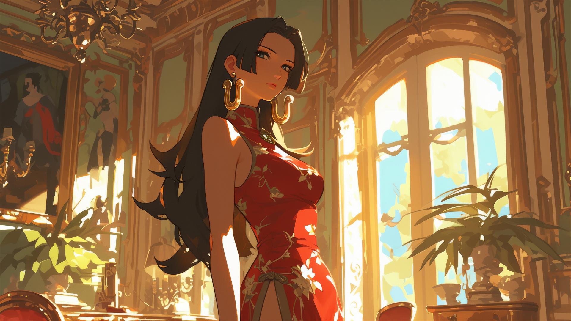 Boa Hancock from One Piece in an art gallery with soft lighting