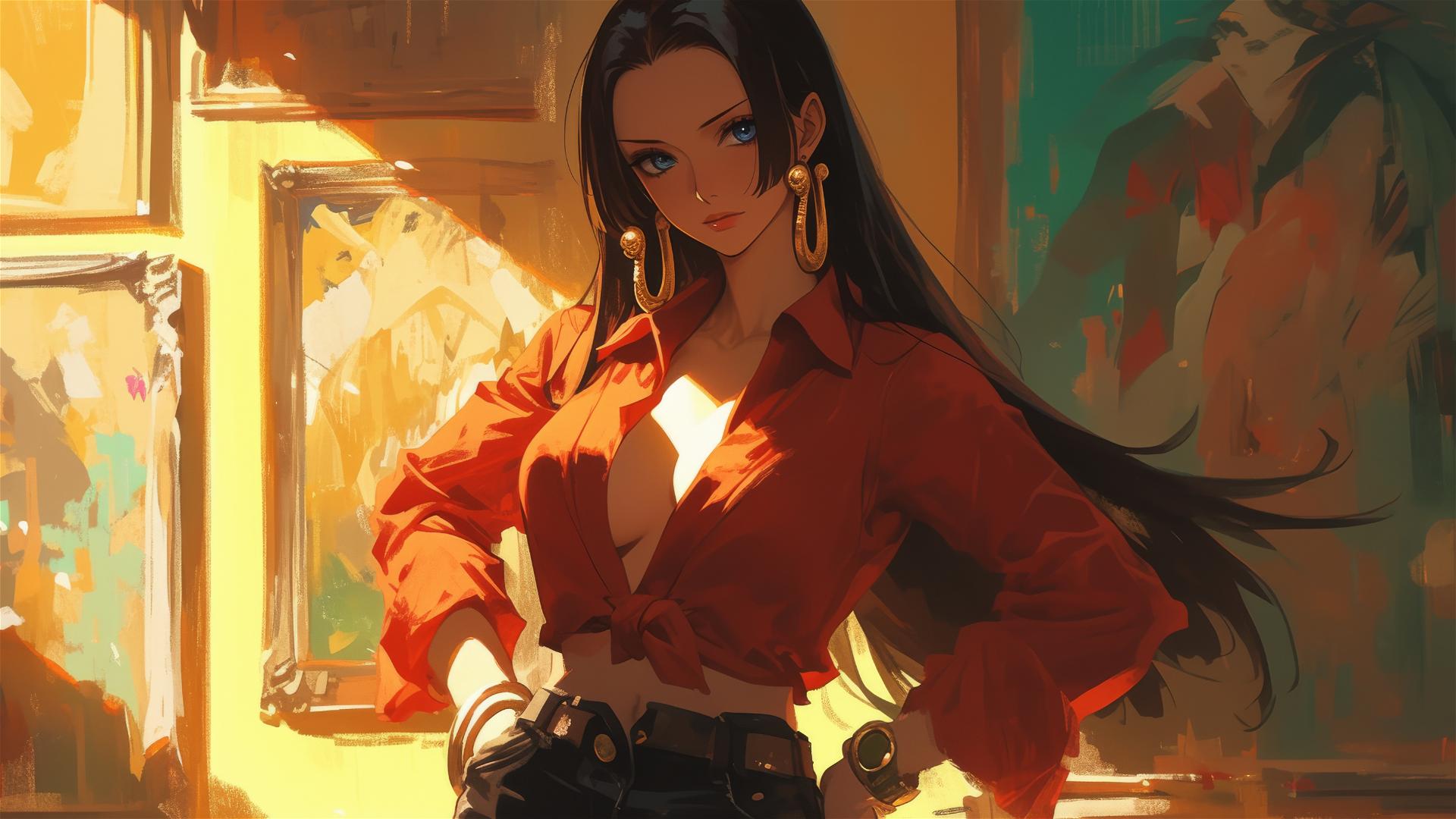 Boa Hancock from One Piece in an art gallery under soft lights