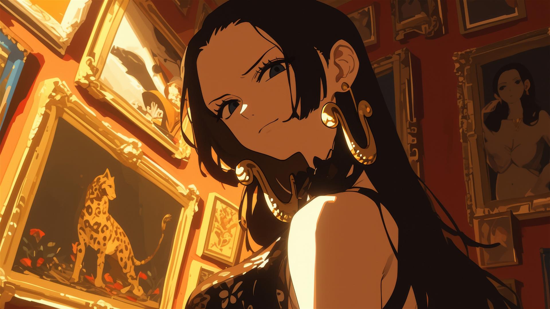 Boa Hancock from One Piece, strolling in a softly lit art gallery