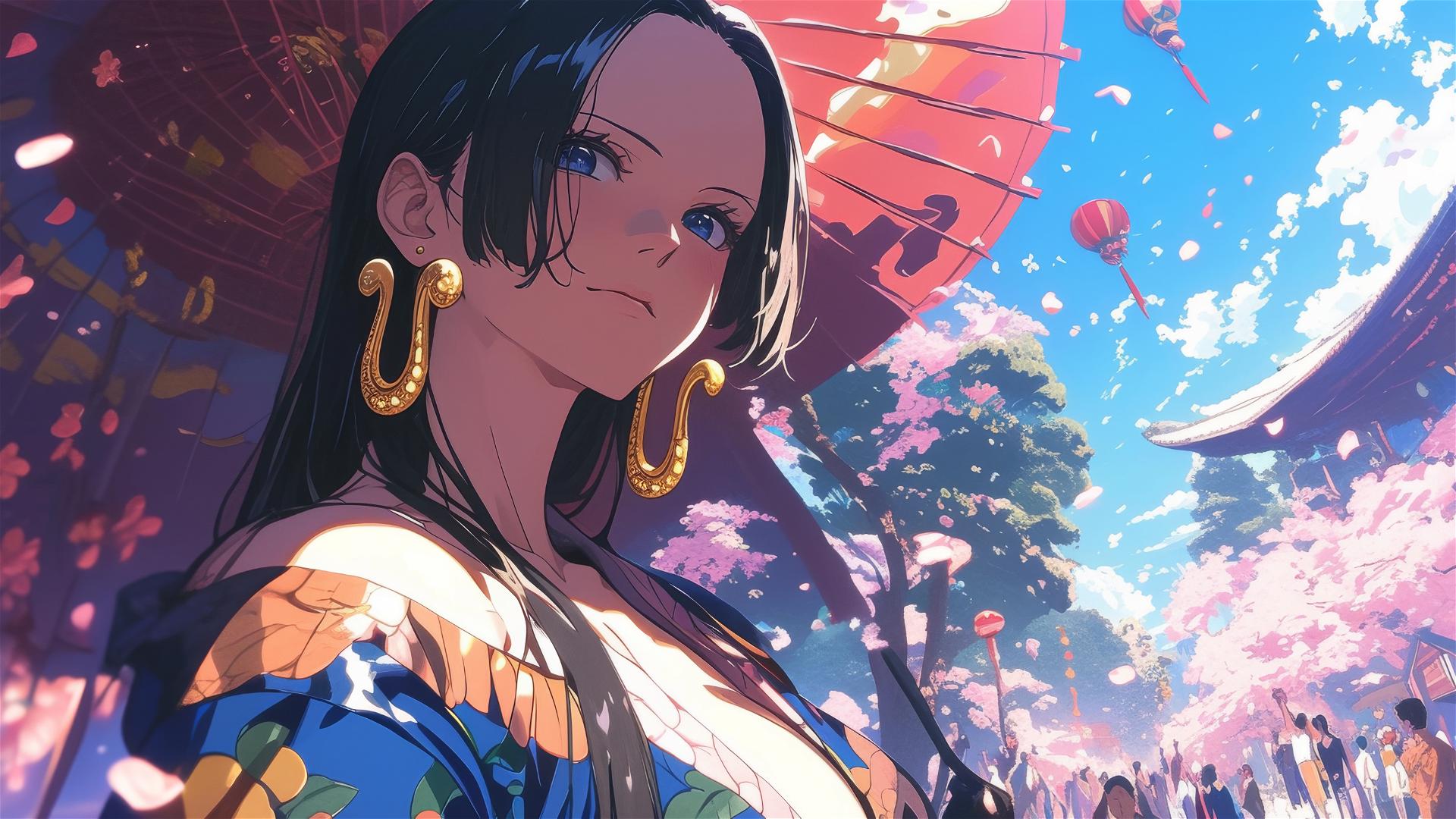 Boa Hancock at a cherry blossom festival with lantern light