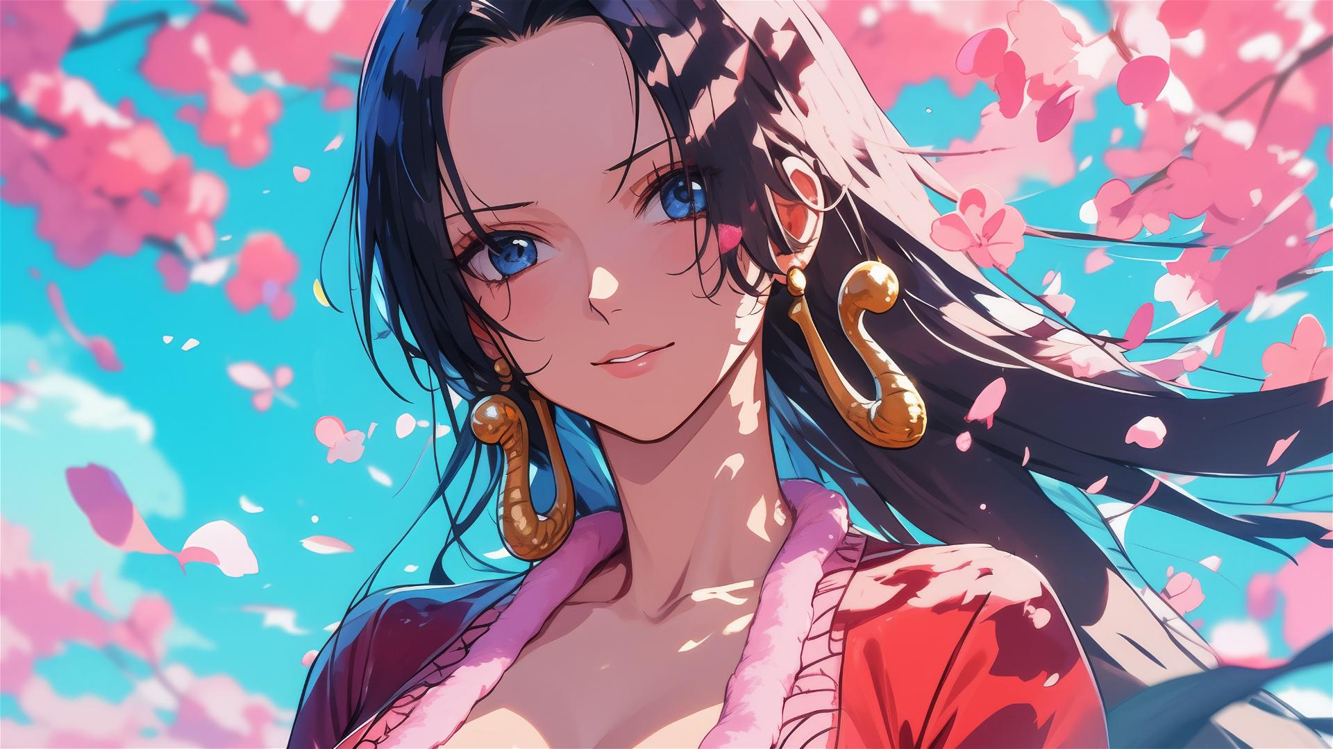 Boa Hancock at a cherry blossom festival under lantern light