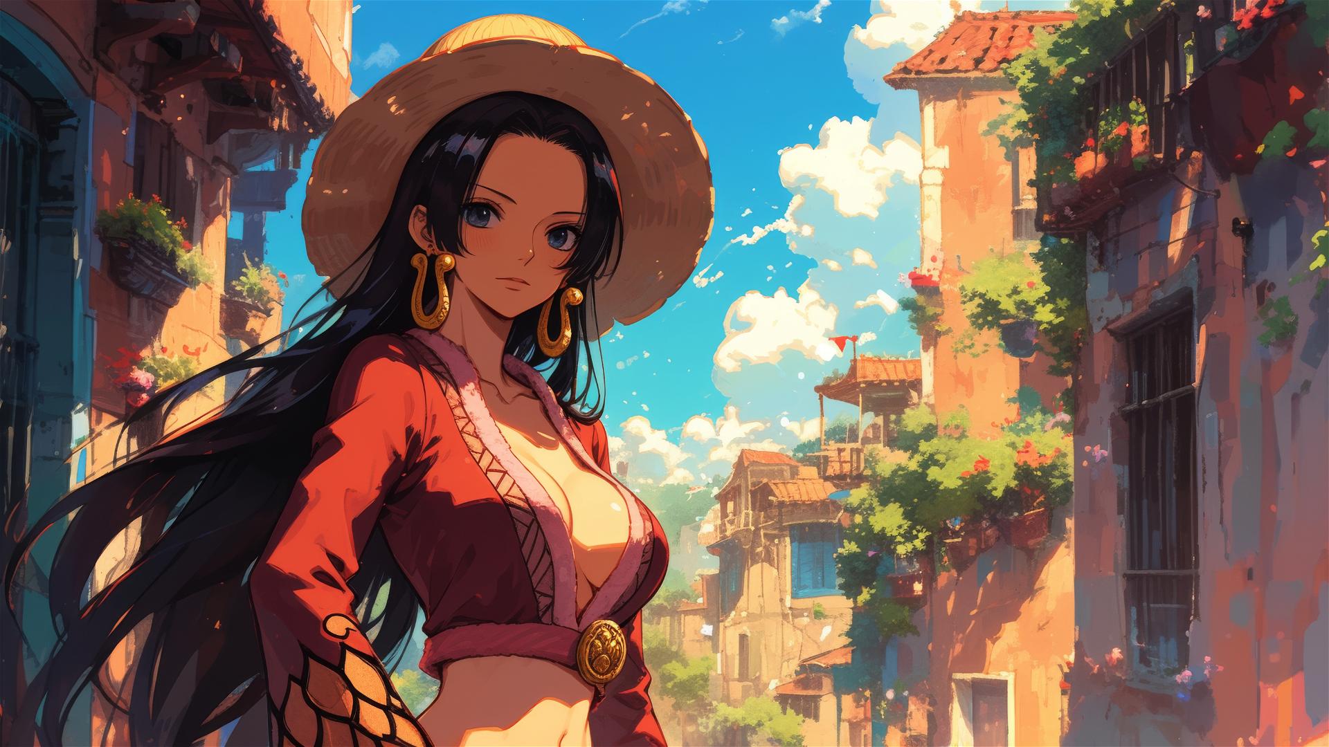 Boa Hancock shopping in a quaint village under soft glowing streetlights