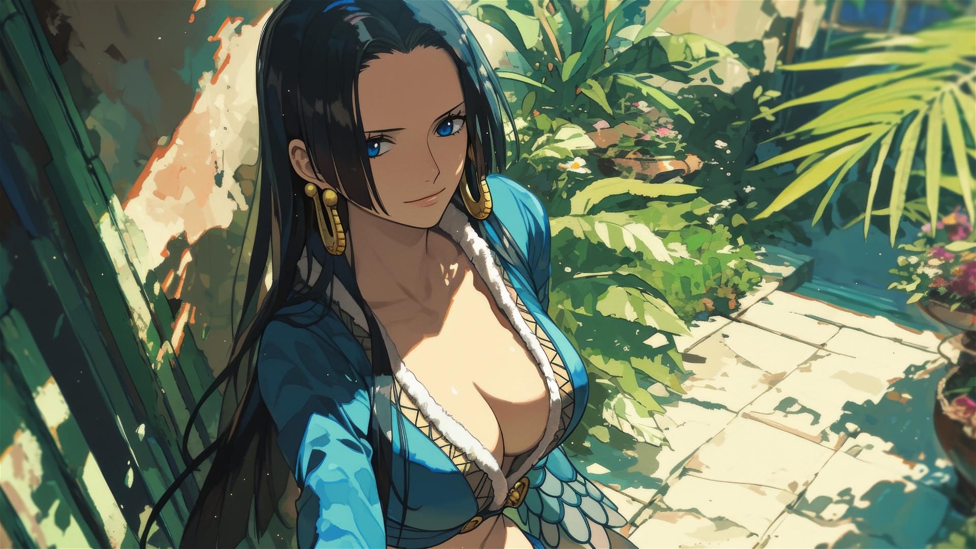 Boa Hancock strolls in a sunlit garden with afternoon light