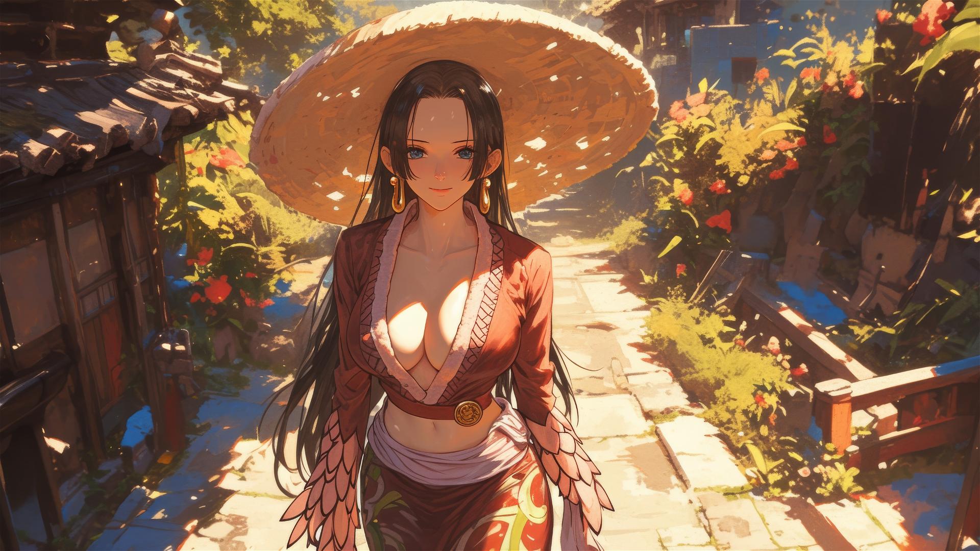 Boa Hancock from One Piece in a sunlit garden during afternoon