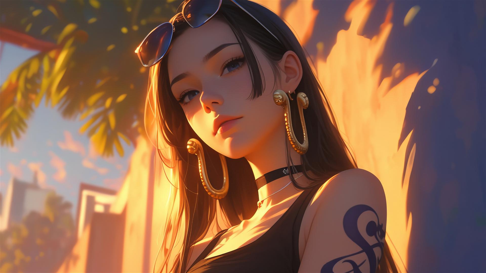 Boa Hancock from One Piece wandering in an art gallery under soft lights