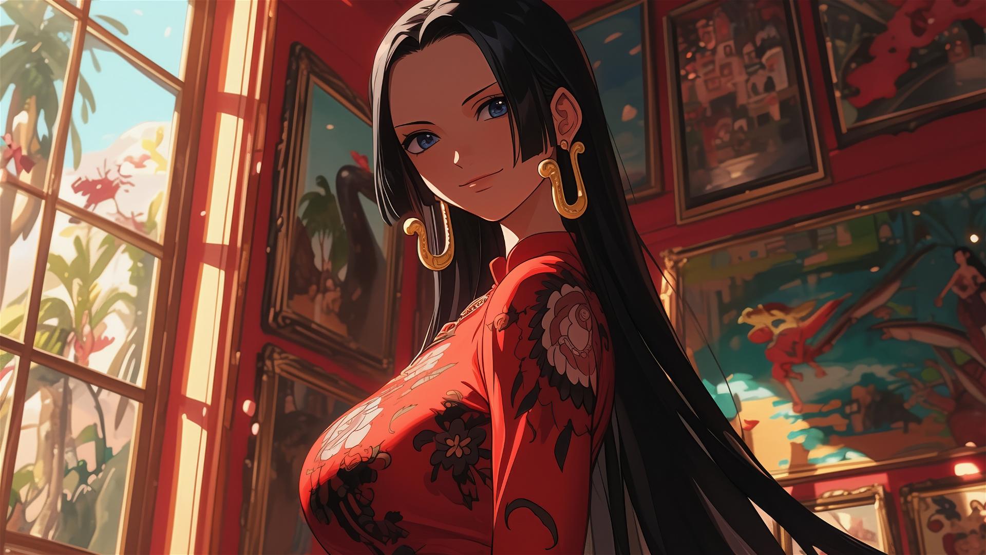 Boa Hancock from One Piece in an art gallery under soft lighting
