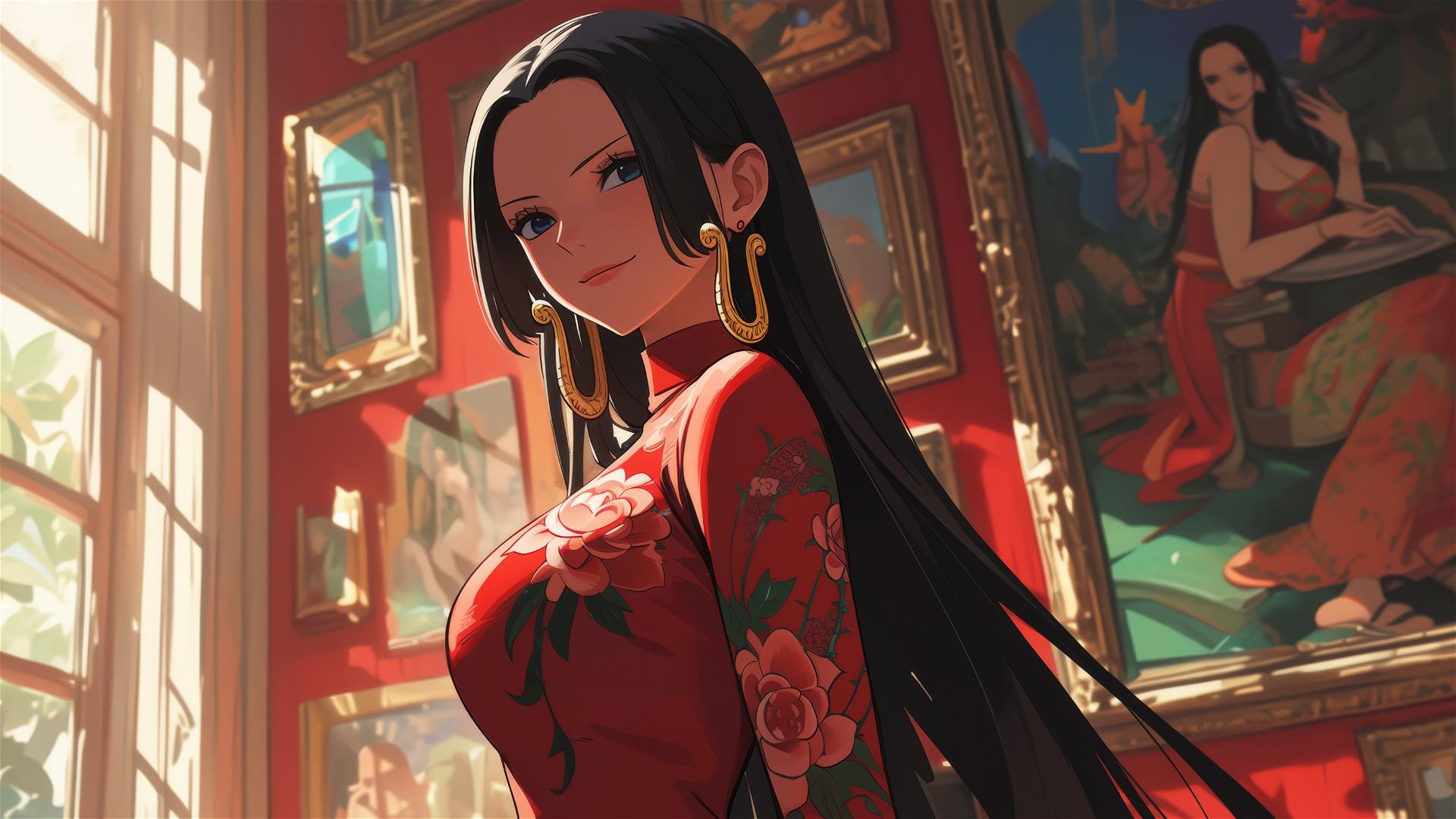 Boa Hancock from One Piece wandering in an art gallery under soft lights