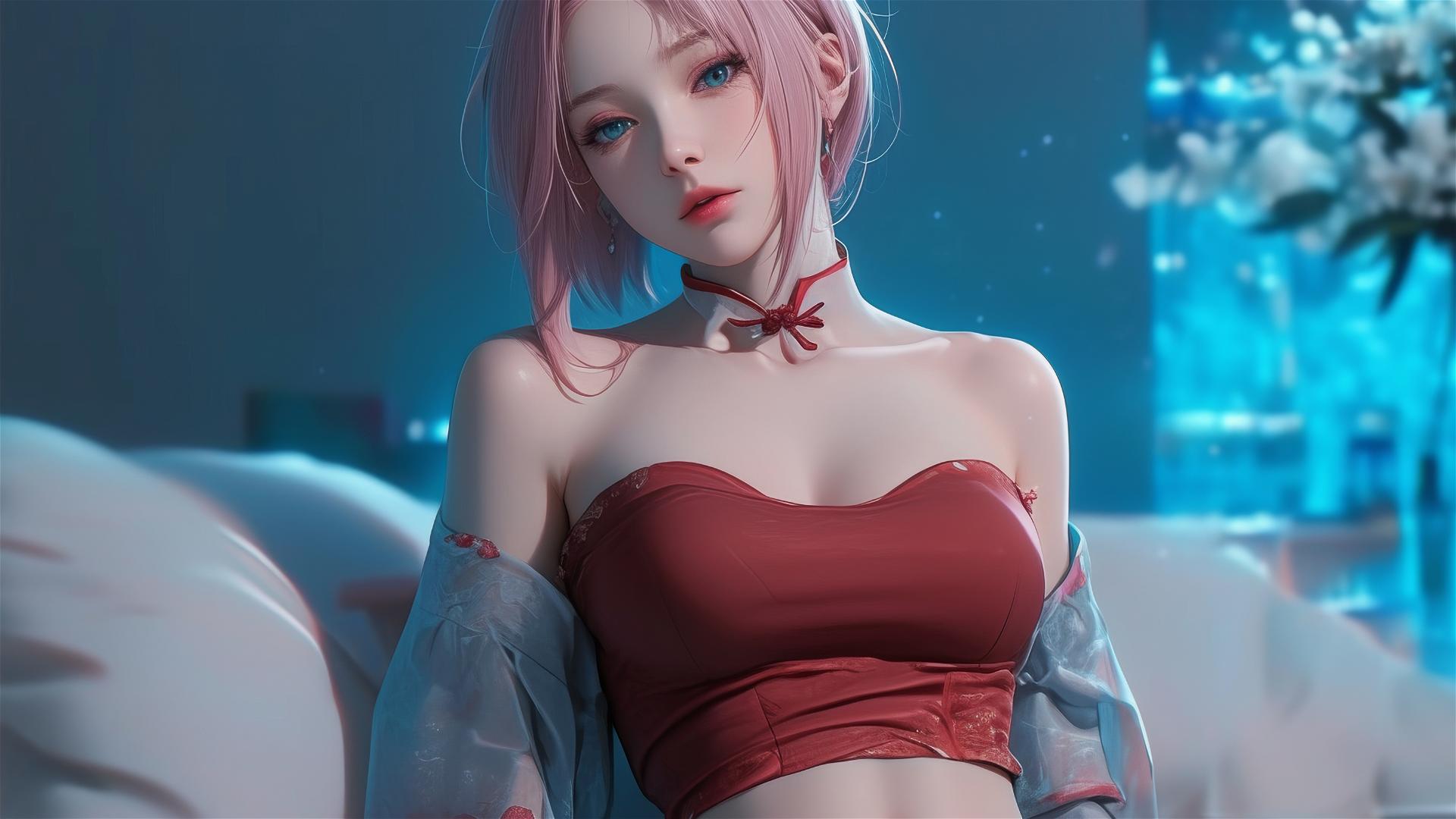 Sakura Haruno resting in apartment, moonlight casting a soft glow on her, short hair.