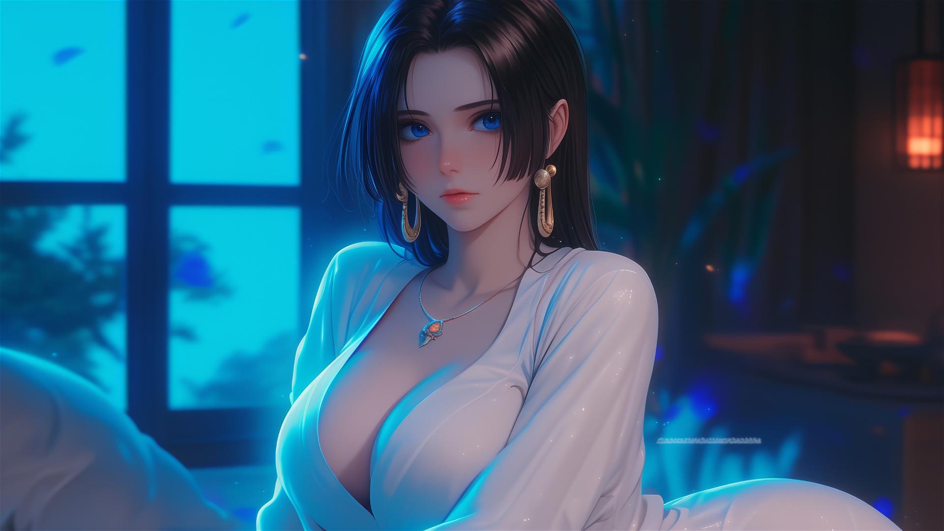 Boa Hancock from One Piece resting in apartment, moonlit glow on her figure, short hair