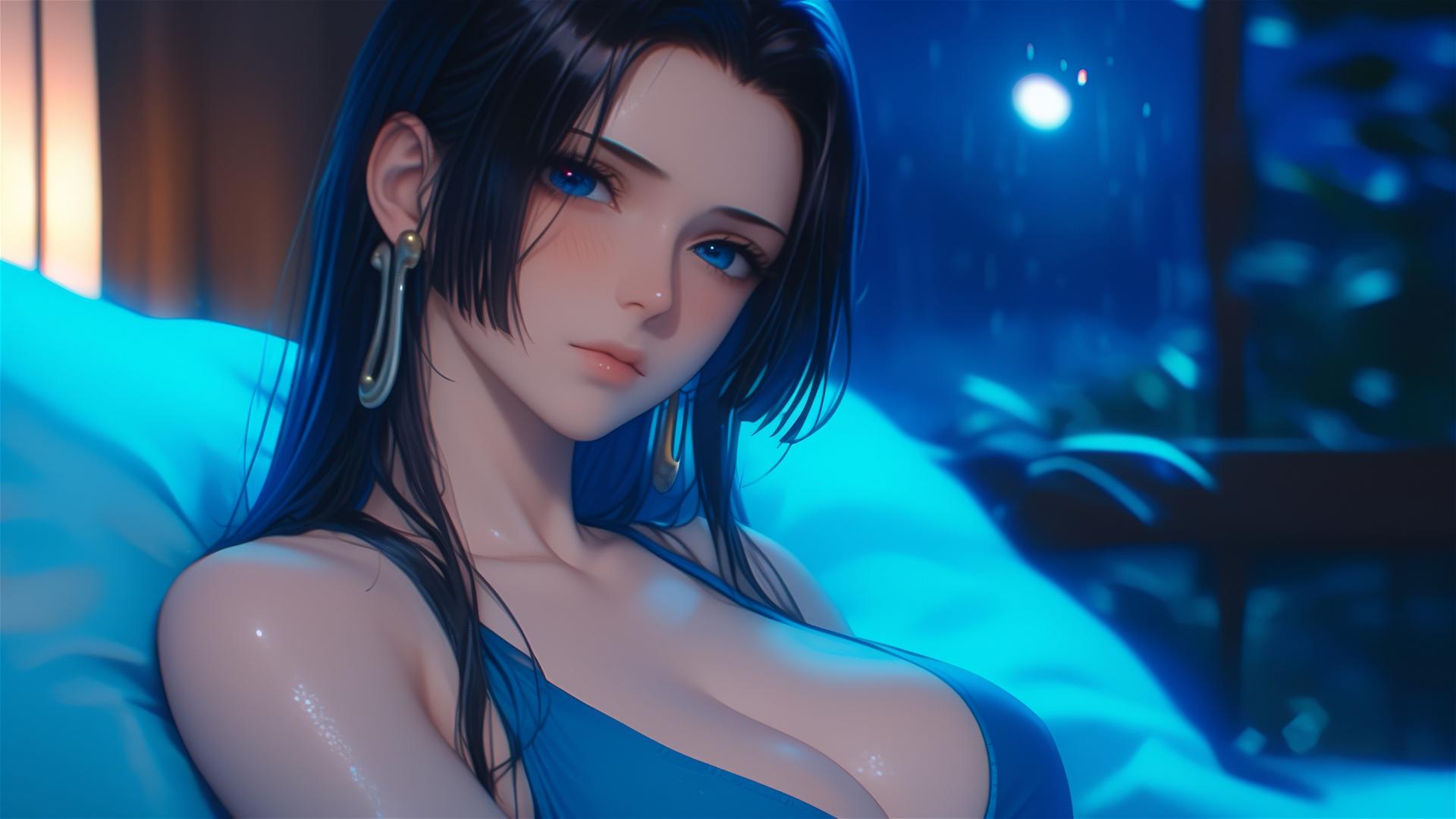 Boa Hancock from One Piece resting in apartment under moonlight, short hair
