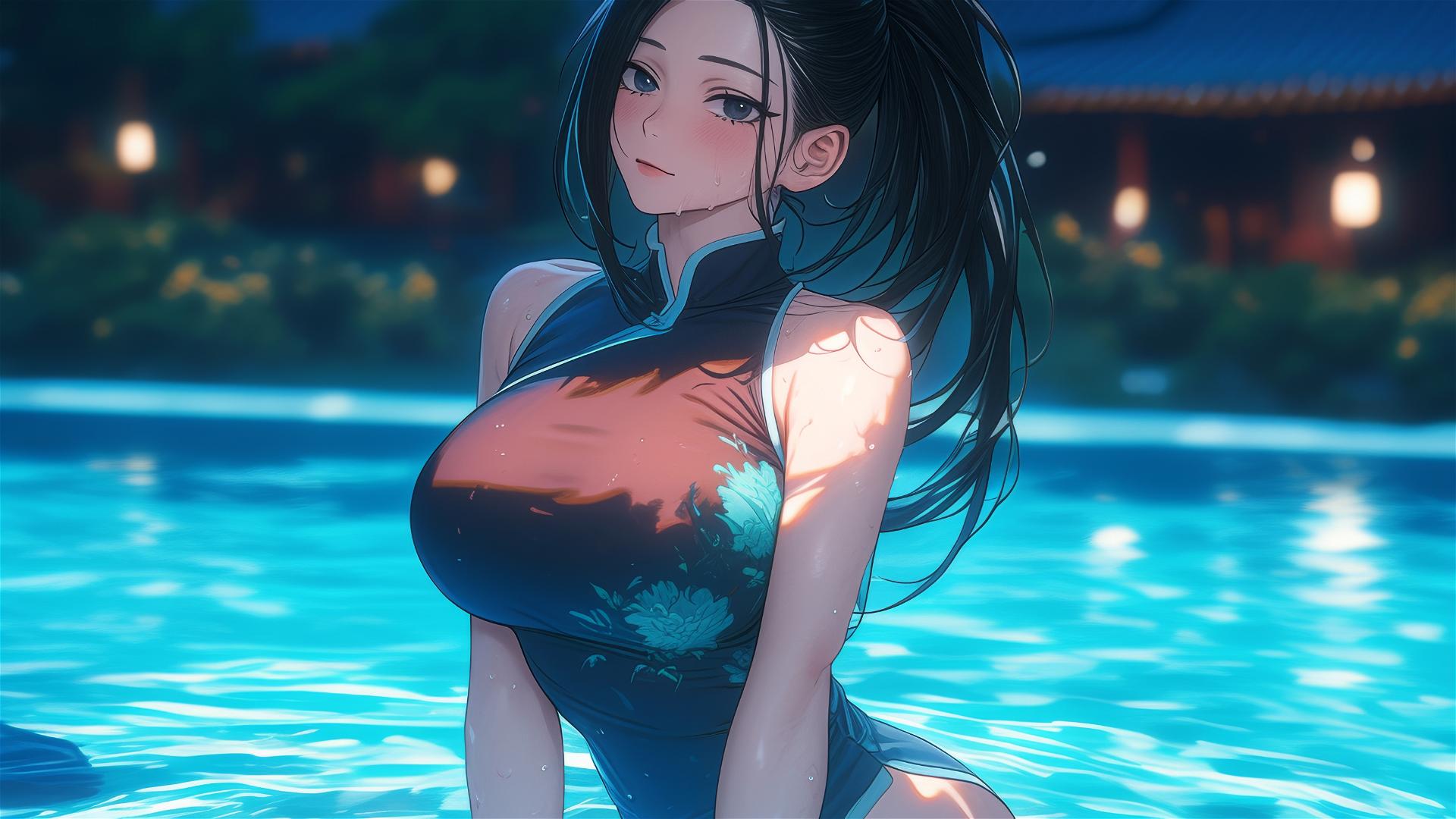 Momo Yaoyorozu resting by pool under moonlight