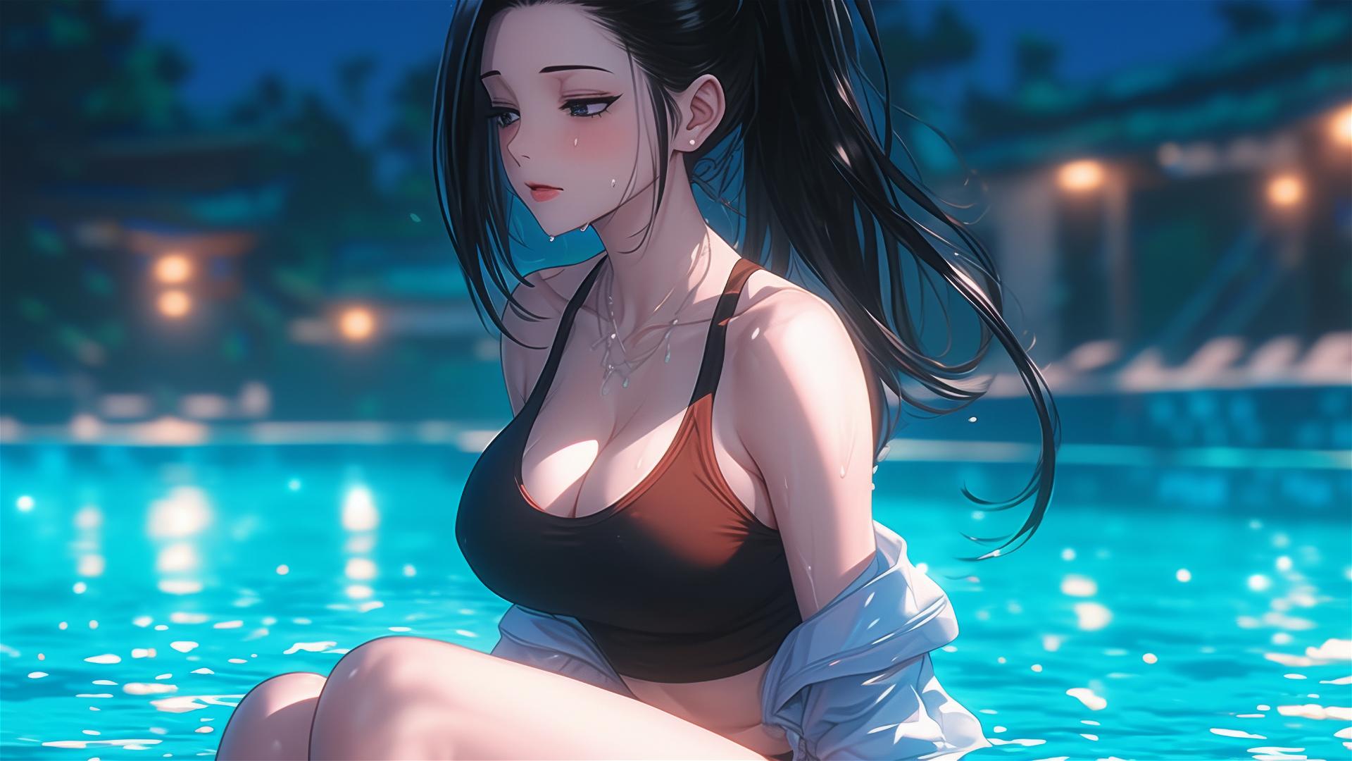 Momo Yaoyorozu resting by a pool, moonlit