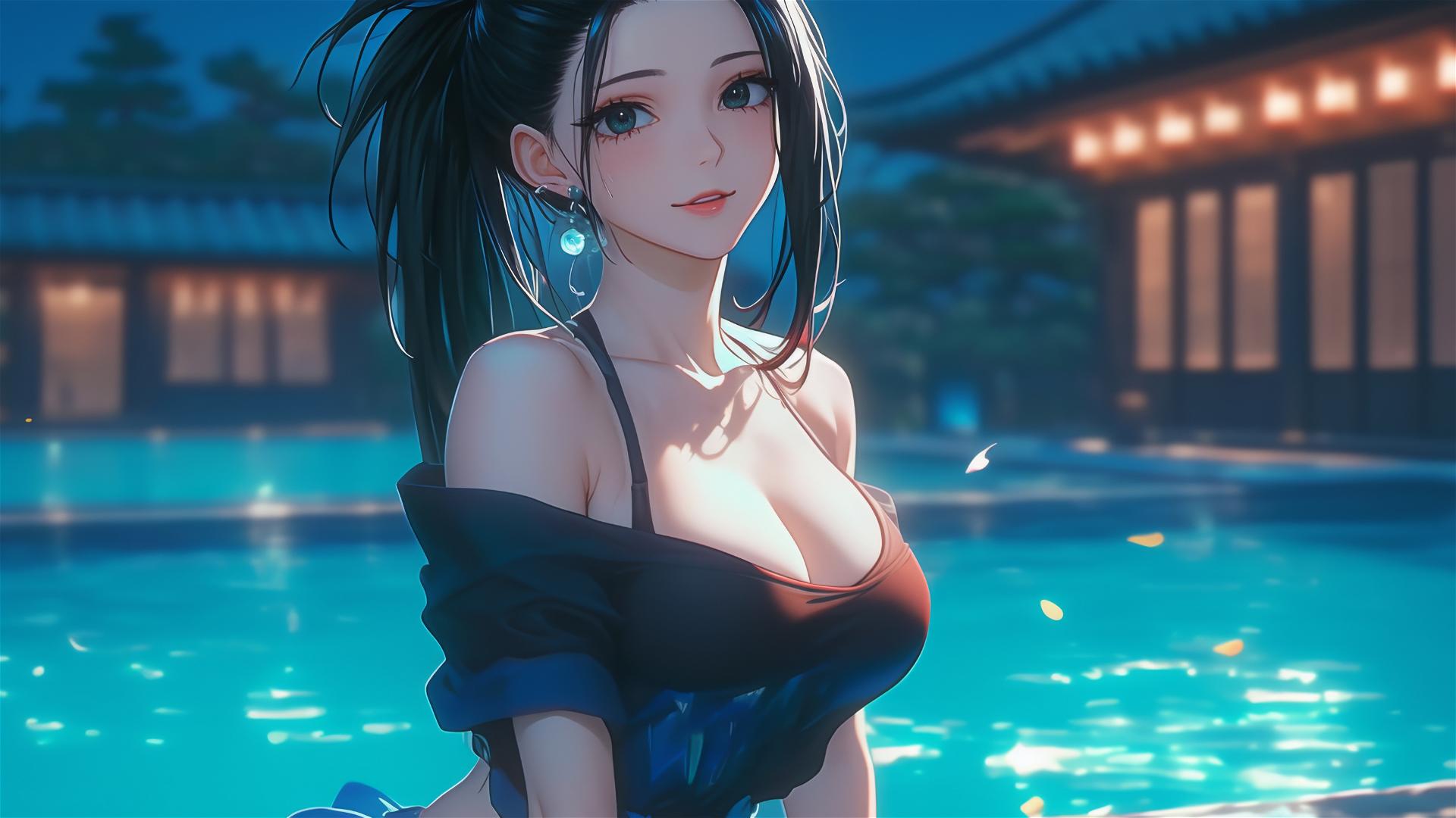 Momo Yaoyorozu from My Hero Academia resting by a pool under moonlight