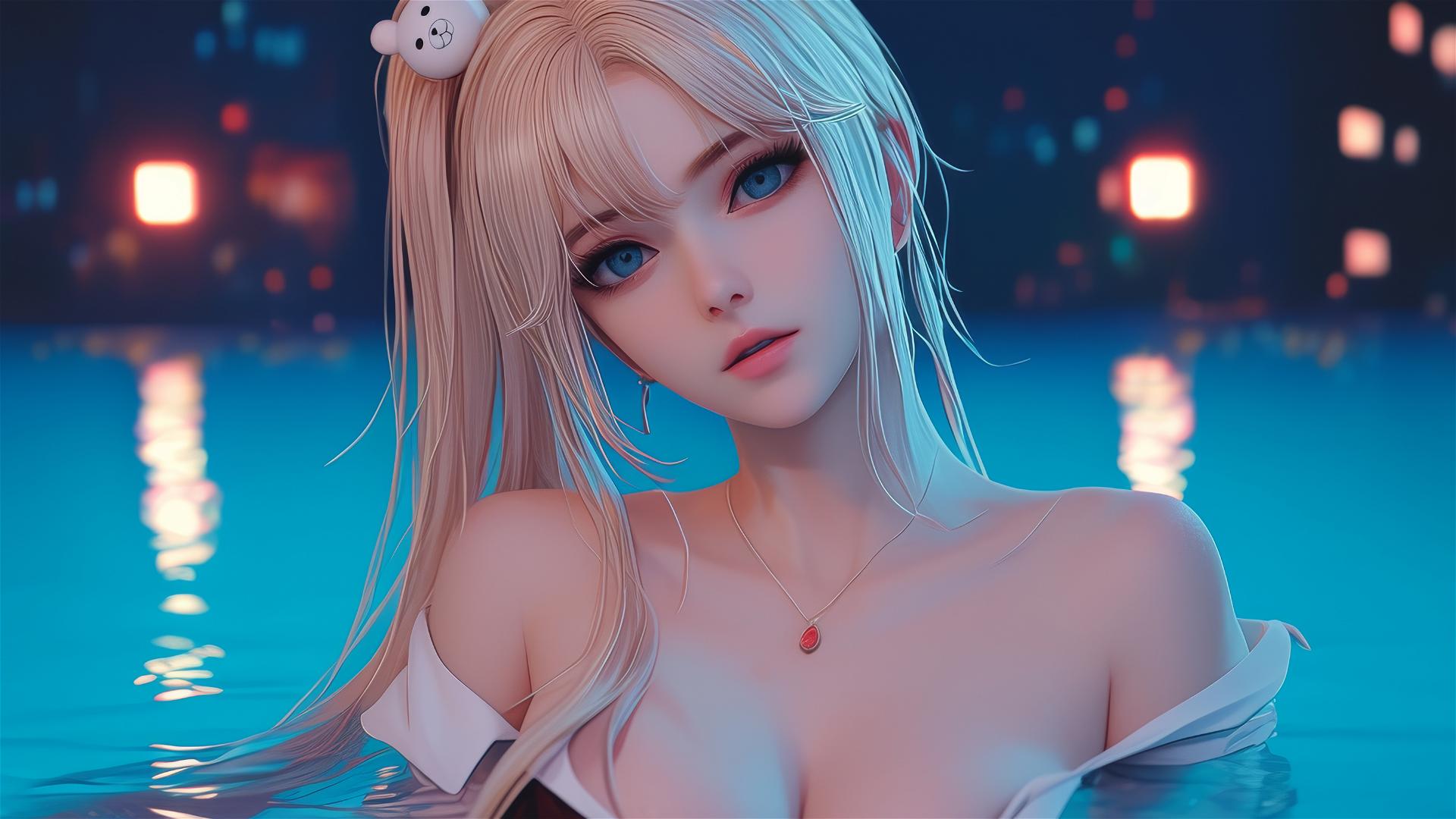 Junko Enoshima from Danganronpa resting in tub, photorealistic