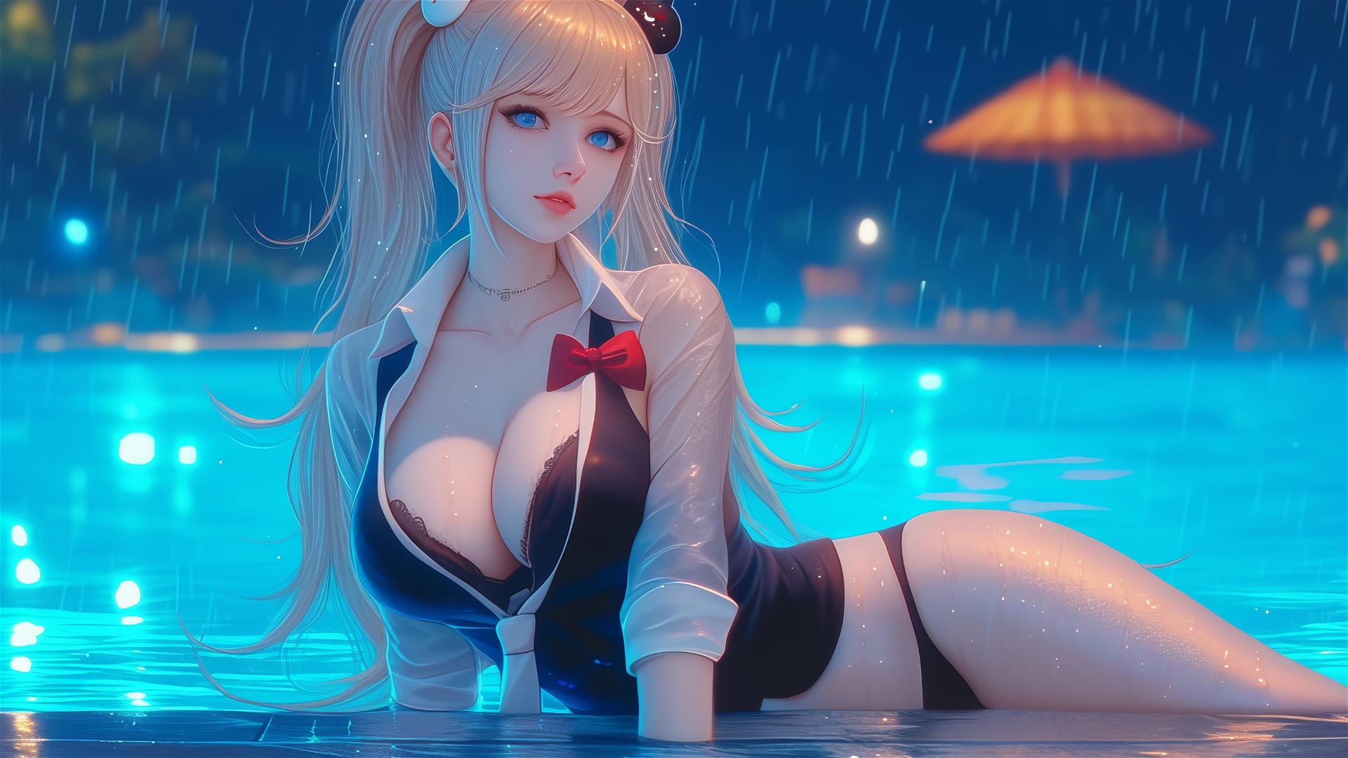 Junko Enoshima resting at a rainy pool, thigh focus, blond hair, blue eyes