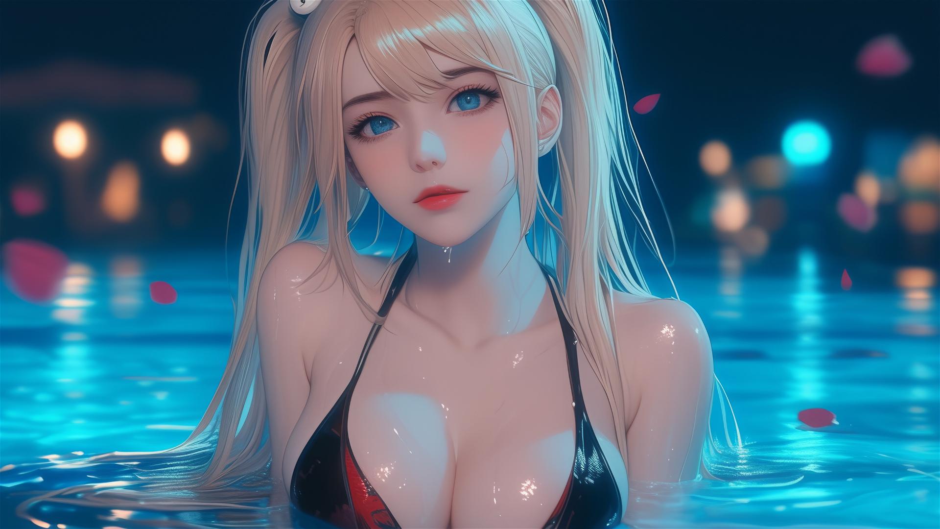 Junko Enoshima from Danganronpa resting at a rainy pool, focusing on thighs