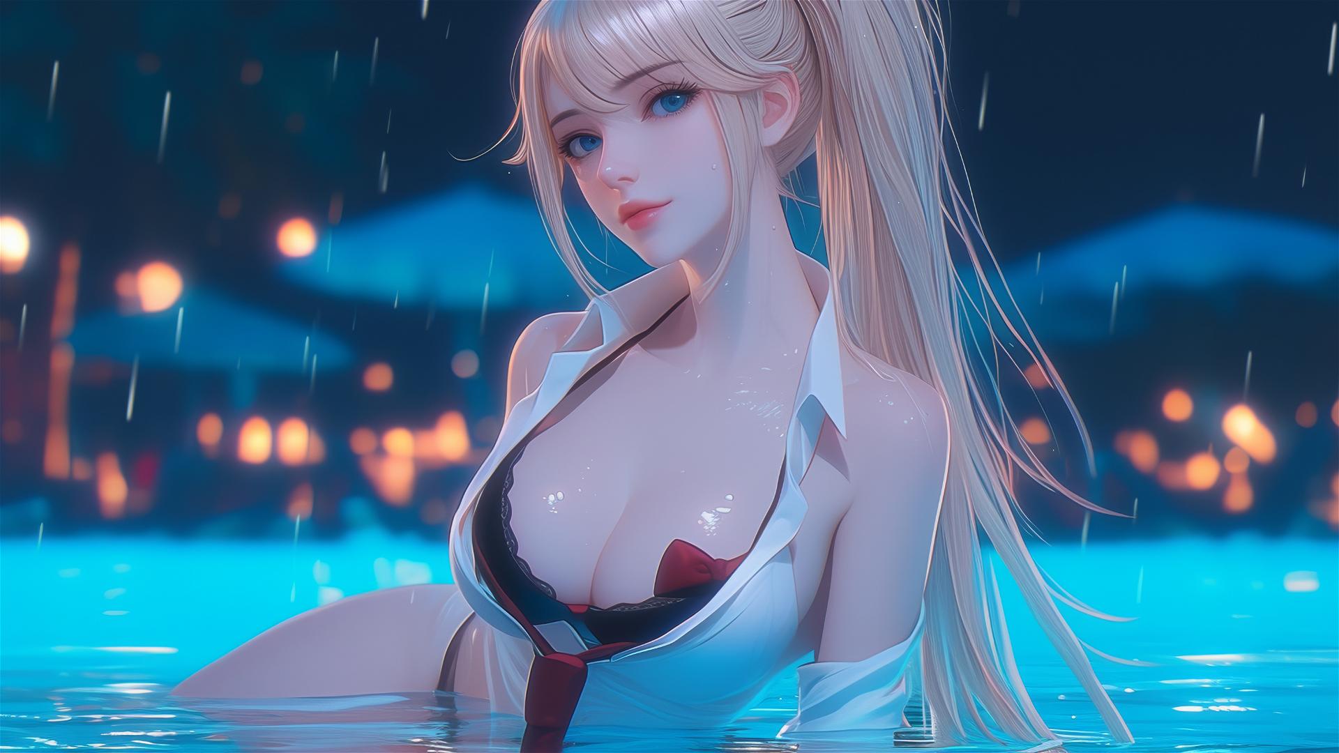 Junko Enoshima from Danganronpa resting at rainy pool, focused on thighs, blonde hair, blue eyes, 8K photorealistic style