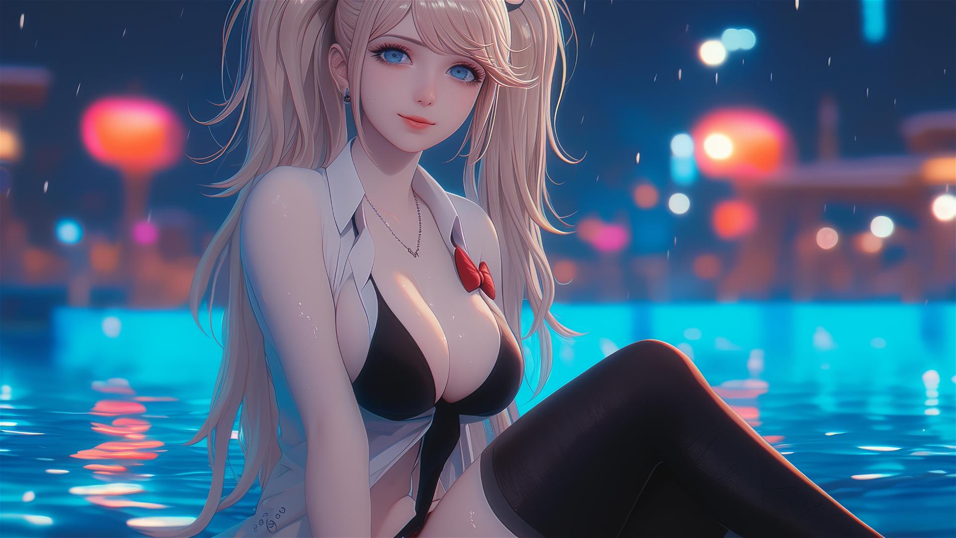Junko Enoshima resting at a rainy swimming pool with blond hair and light blue eyes