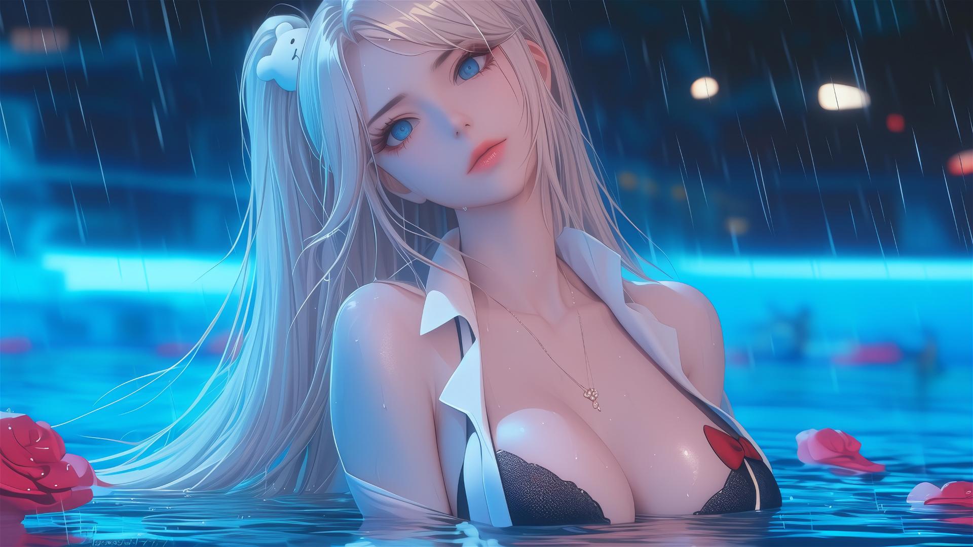 Junko Enoshima resting at rainy swimming pool, close-up on thighs, blond, blue-eyed
