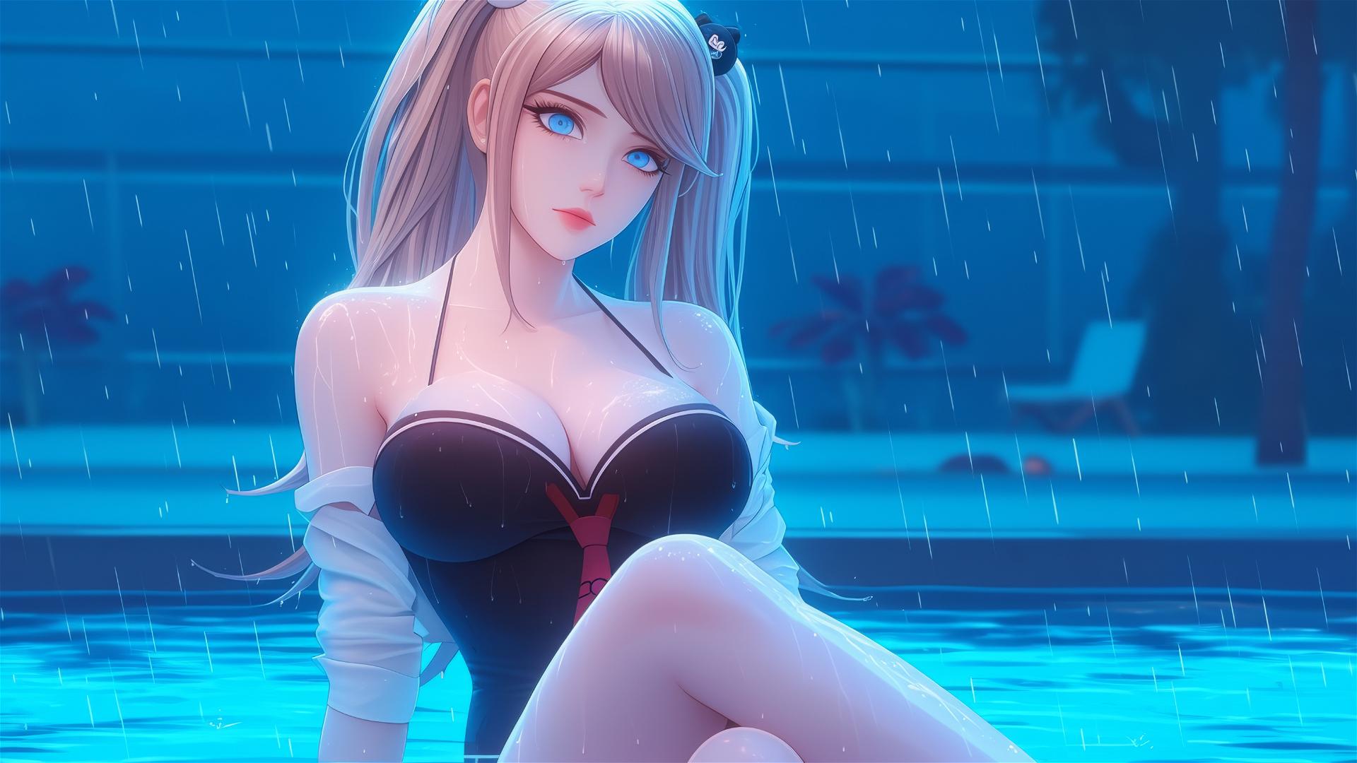 Junko Enoshima resting at a rainy pool, thigh focus, blond hair, light blue eyes
