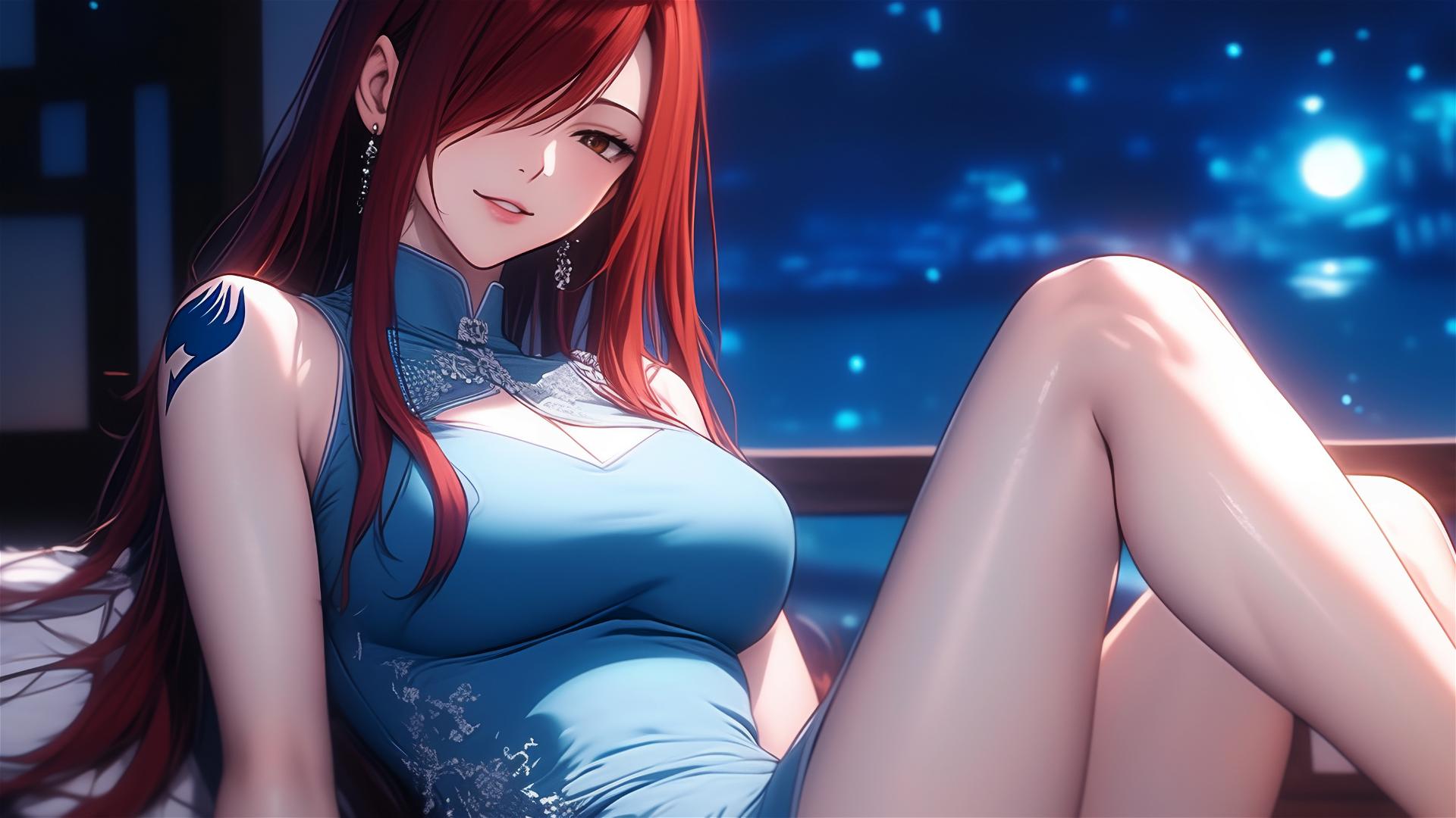Erza Scarlet resting at home under moonlight with brown eyes