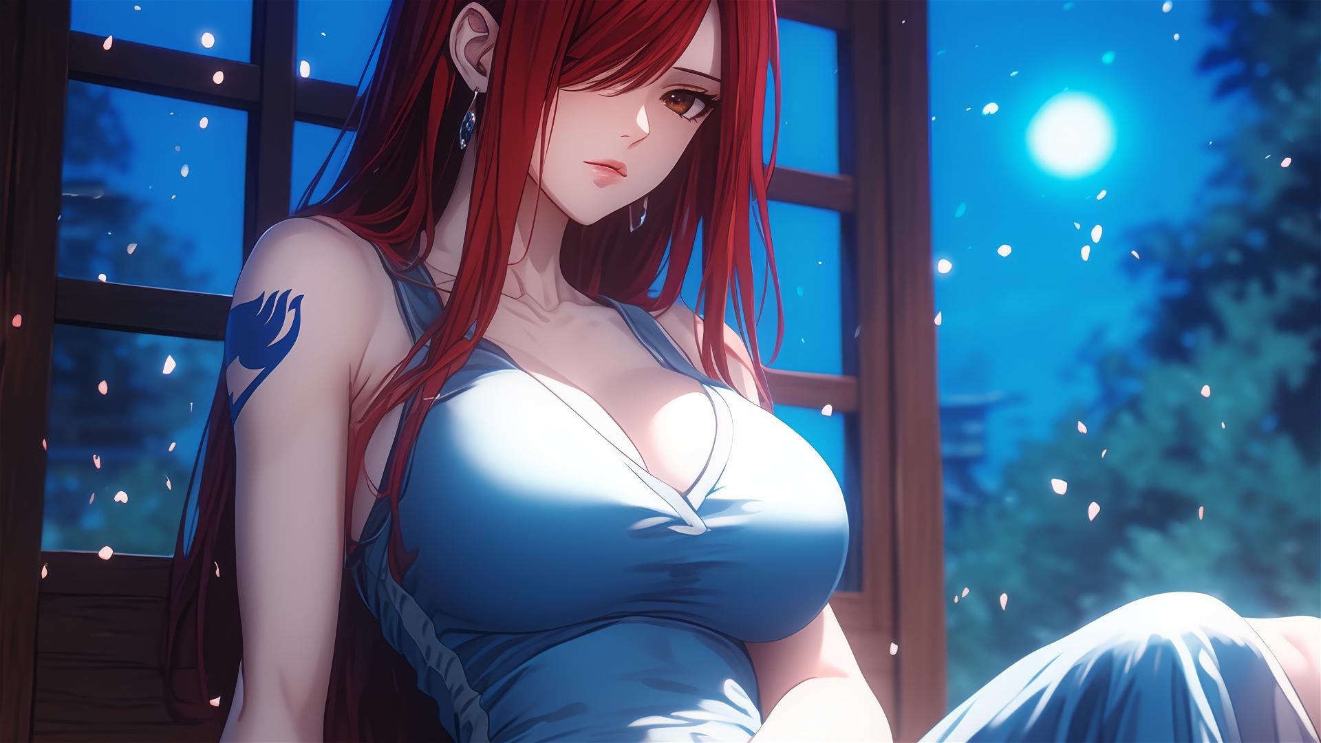 Erza Scarlet from Fairy Tail resting at home under moonlight