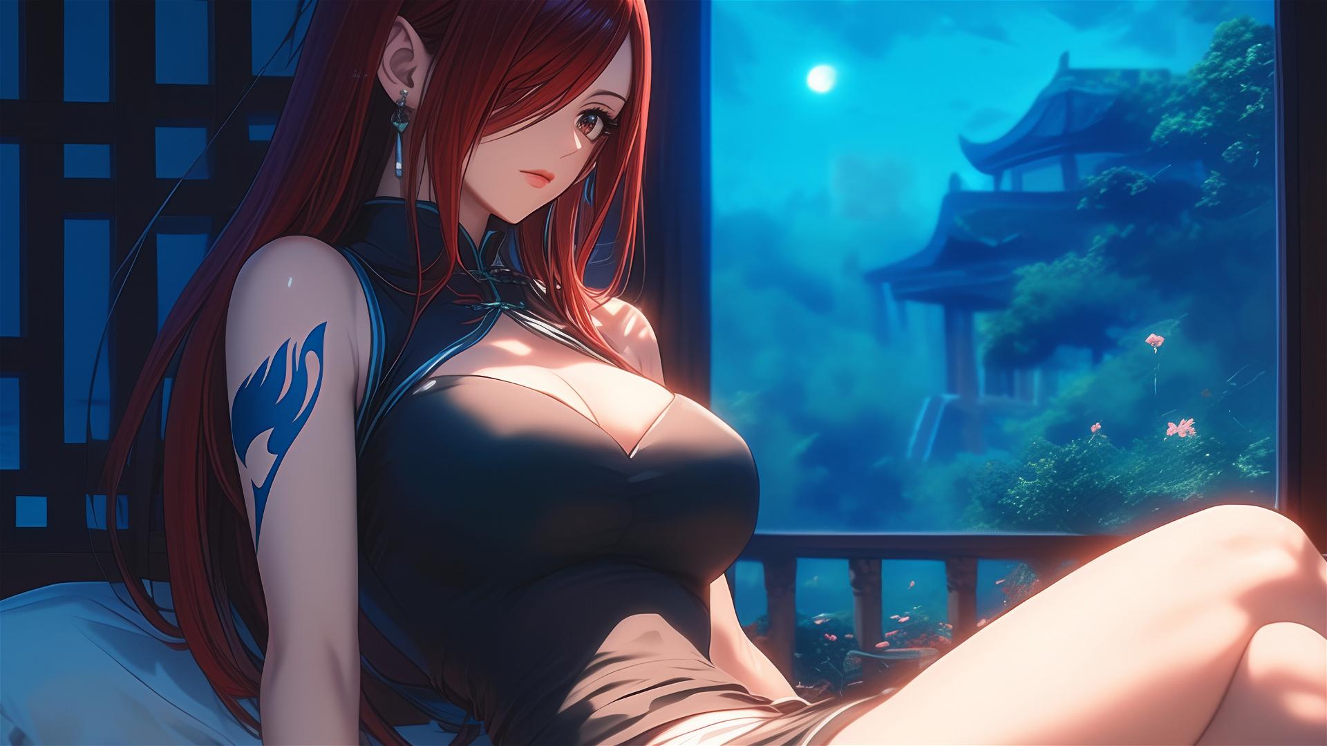 Erza Scarlet resting at home, moonlight glowing on her figure with brown eyes