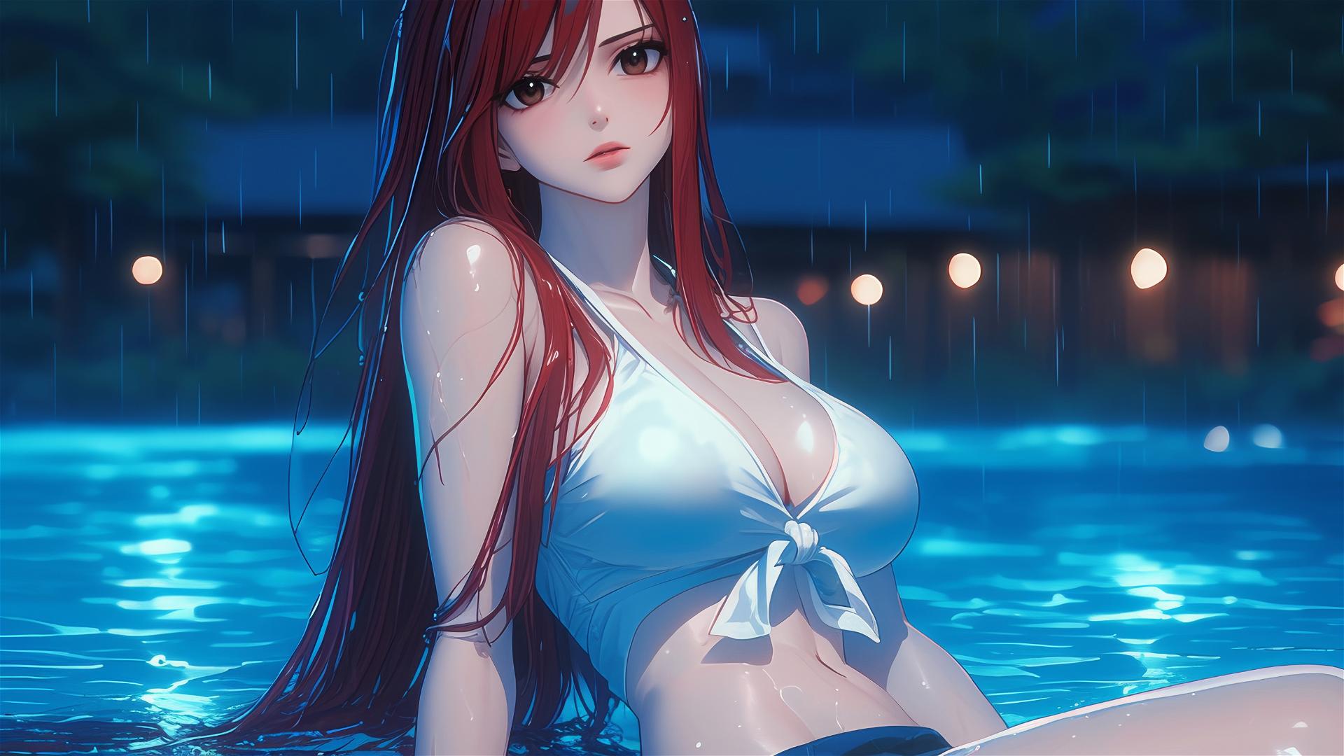 Erza Scarlet from Fairy Tail resting by a rainy pool under moonlight