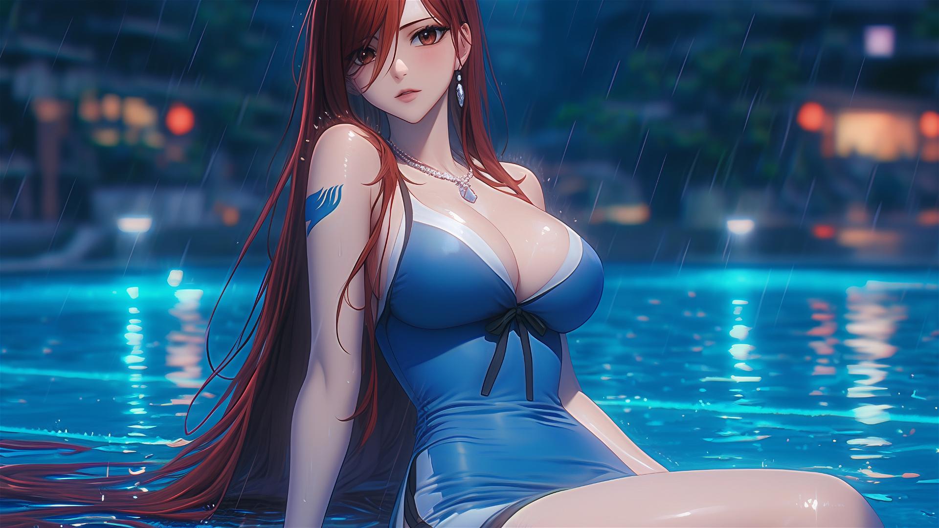 Erza Scarlet resting by a rainy pool under moonlight